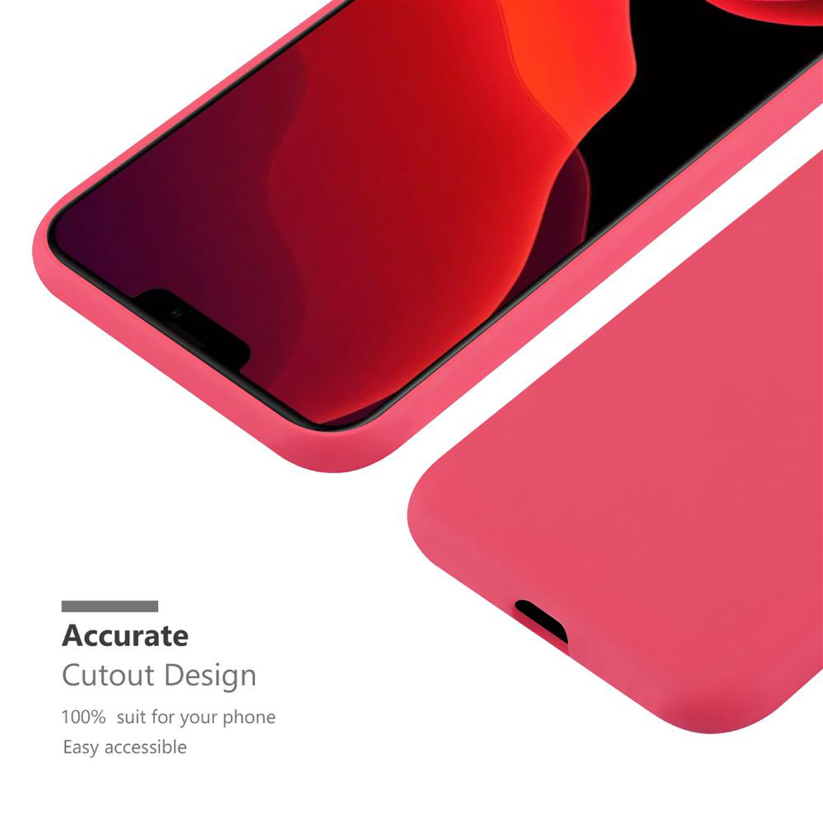 Custodia rossa con telefono all'interno. Primo piano del telefono e della custodia. Il testo dice: Design di ritaglio preciso.