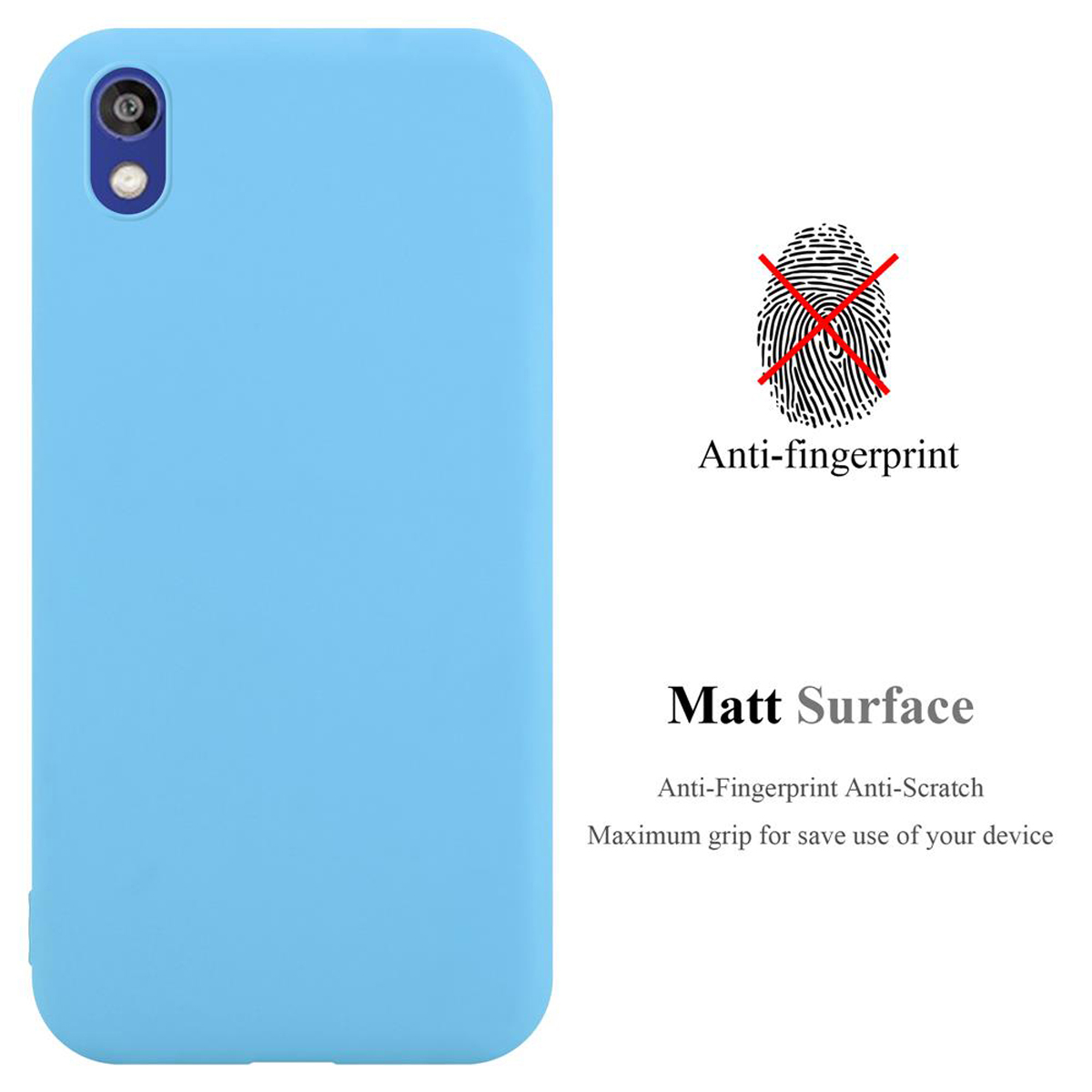 Custodia per telefono azzurra. Un simbolo di impronta digitale con una X rossa. Testo: Superficie opaca, anti-impronte, antigraffio, massima presa.