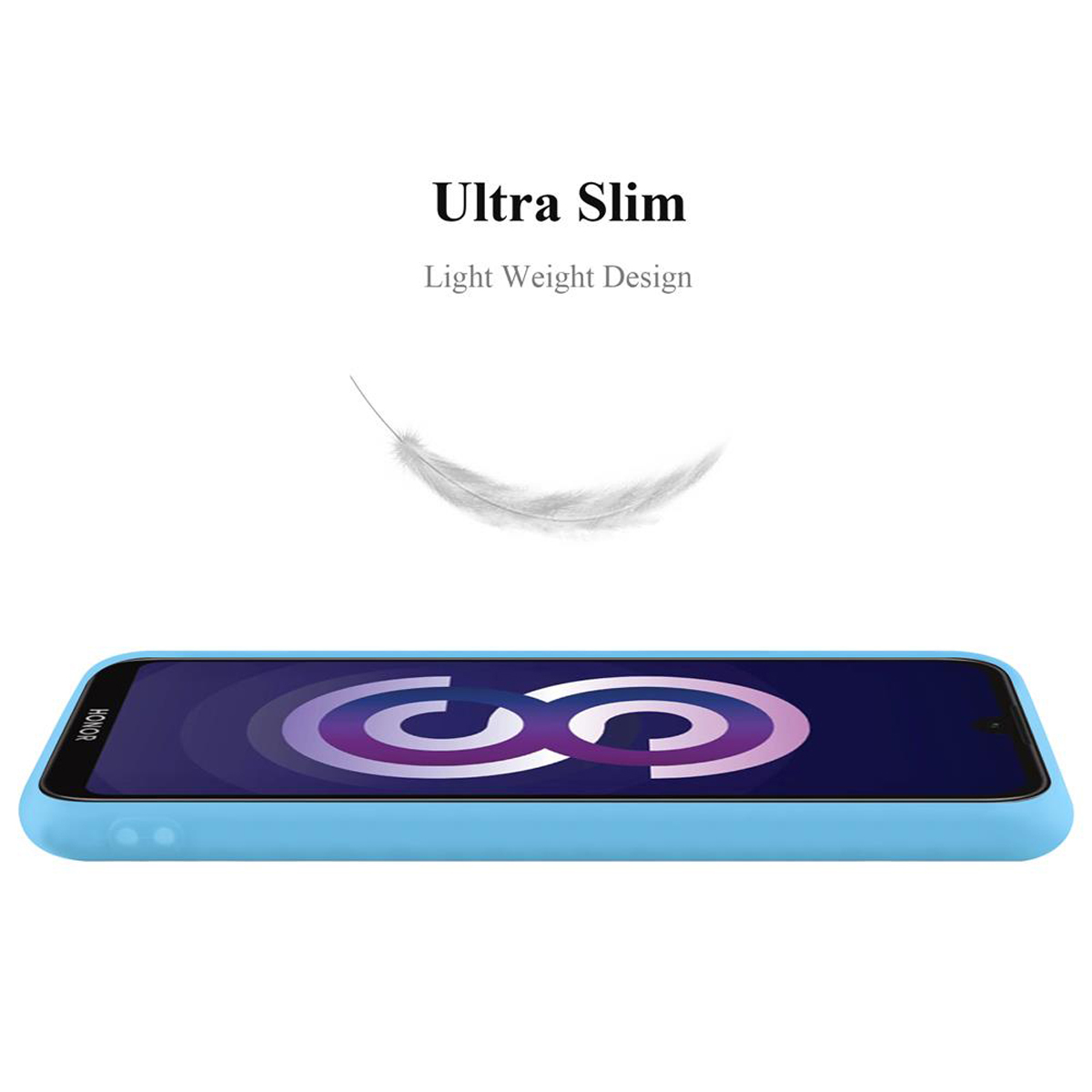 Custodia blu su superficie bianca. Testo: 'Ultra Slim'.