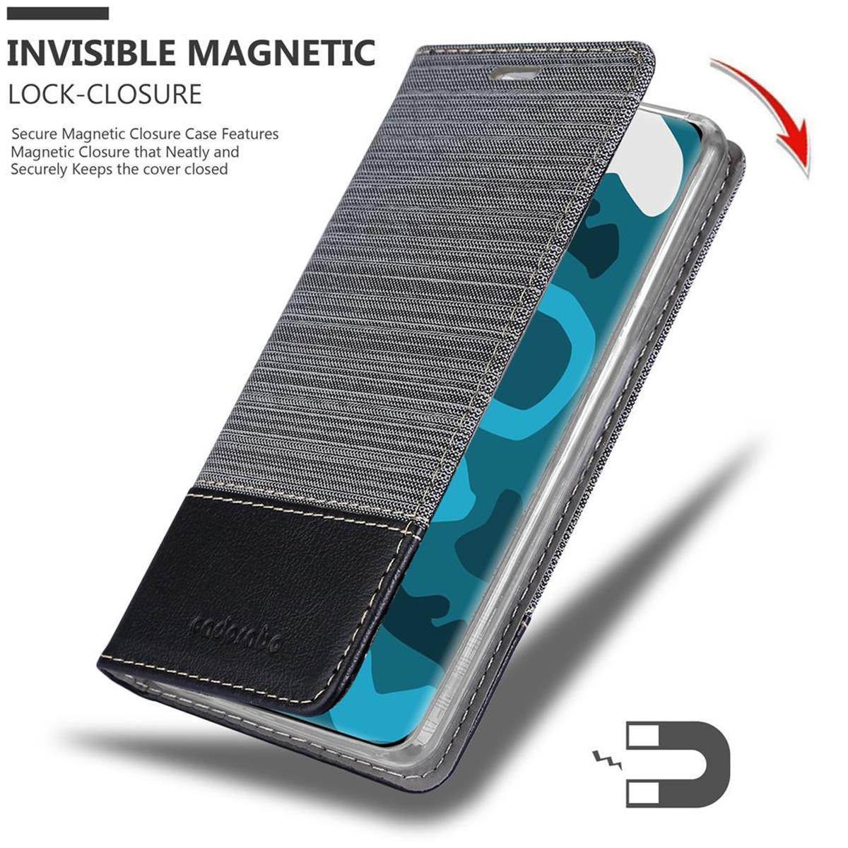 Custodia per telefono con chiusura magnetica, design nero e grigio, dettagli del prodotto.