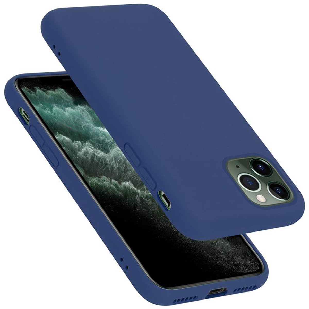 Telefon in einem blauen Gehäuse. Das Gehäuse ist geöffnet. Das Telefon hat drei Kameras.