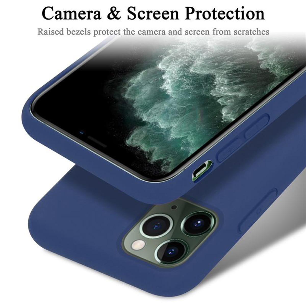 Eine blaue Handyhülle hält ein Telefon mit Bildschirm. Erhöhte Kanten schützen Kamera und Bildschirm.