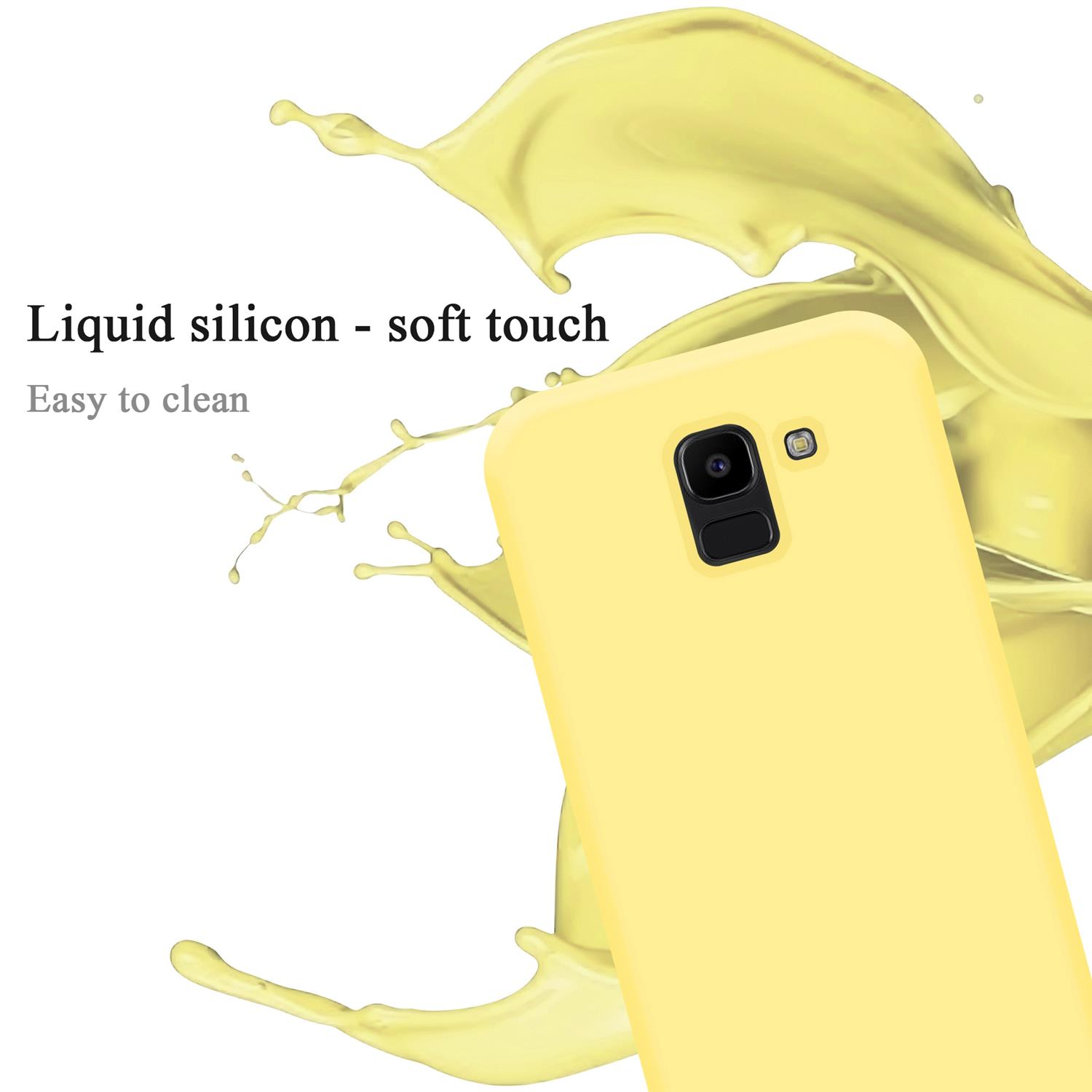 Gelbe Handyhülle mit Flüssigkeitsspritzer. Text: Flüssiges Silikon - Soft Touch, leicht zu reinigen.