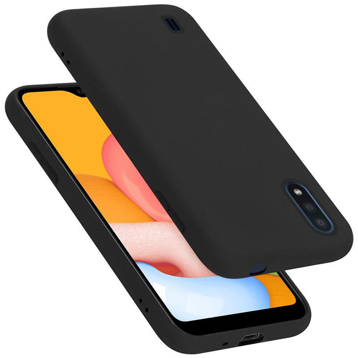 Un telefono nero con una custodia nera. Il telefono ha una sfumatura giallo-arancio sullo schermo.