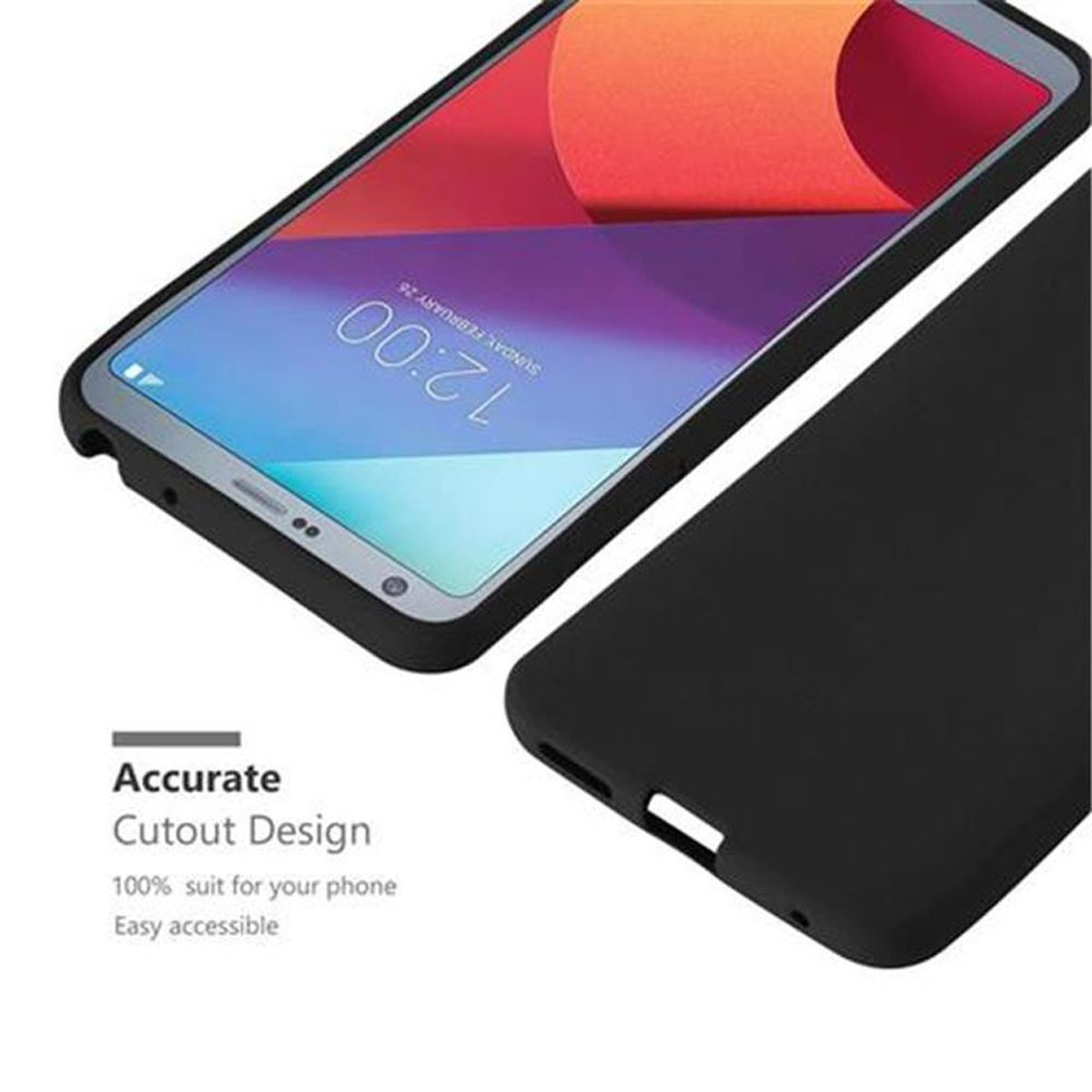 Custodia per telefono nera e telefono. Testo: Design di ritaglio preciso. Facile accesso.