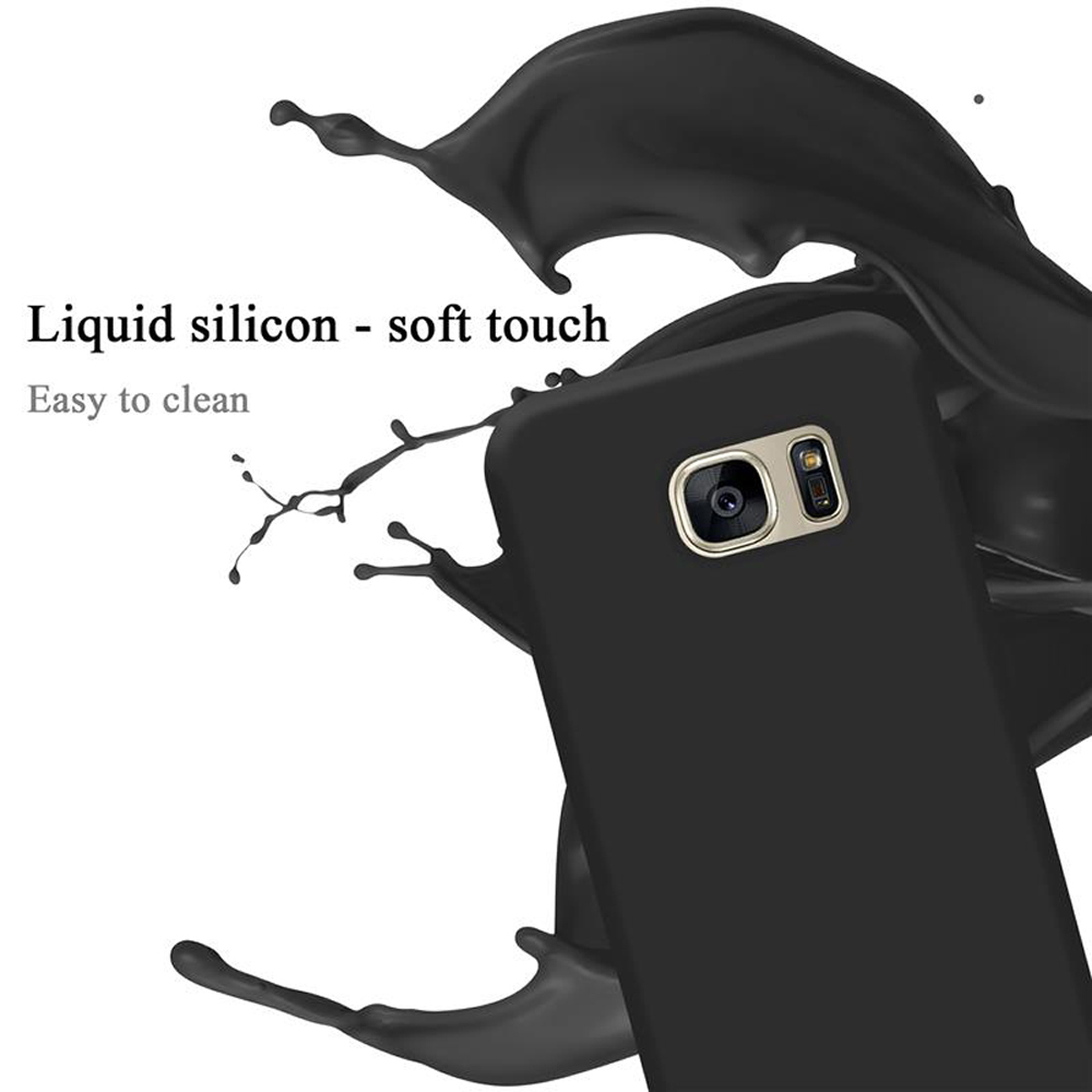 Schwarze Handyhülle mit schwarzem Flüssigkeitsspritzer-Effekt, Rückseite eines Telefons mit Kamera.