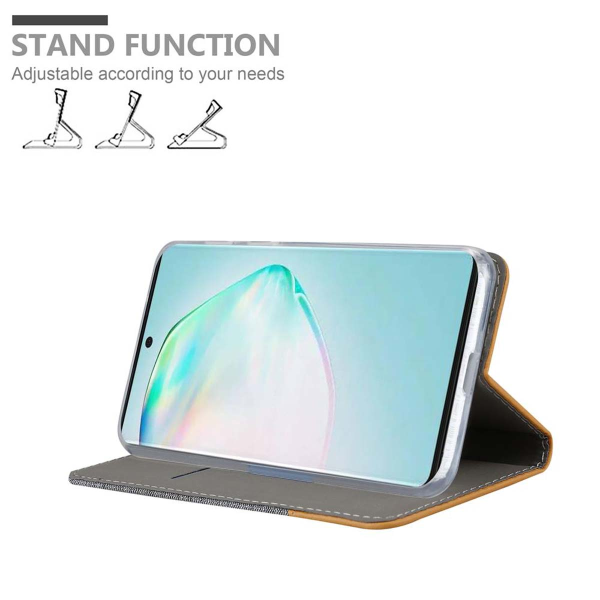 Un telefono in una custodia, puntellato. Funzione stand. Vengono mostrate tre opzioni di supporto.
