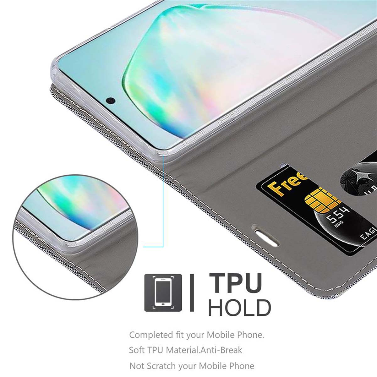 Custodia per telefono con carta e telefono visibili. Il testo indica 'TPU HOLD'.