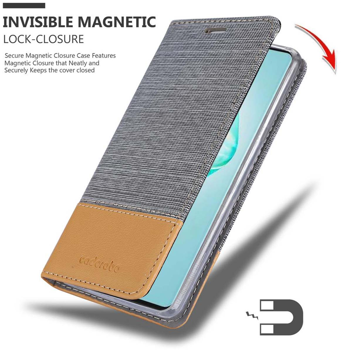 Una custodia per telefono con coperchio a ribalta, design grigio e marrone e chiusura magnetica.