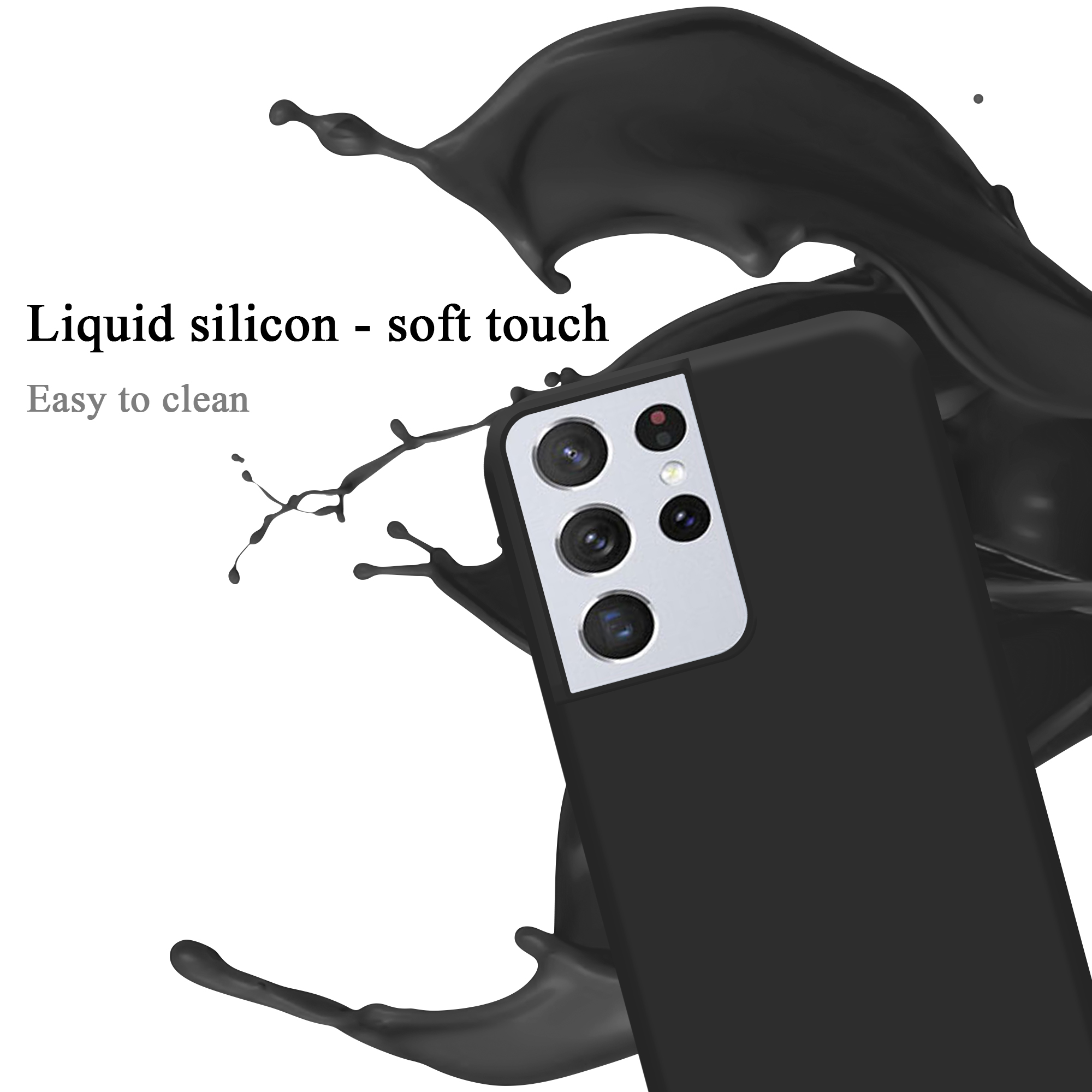 Schwarze Handyhülle mit Telefon. Schwarze Farbspritzer-Grafik.