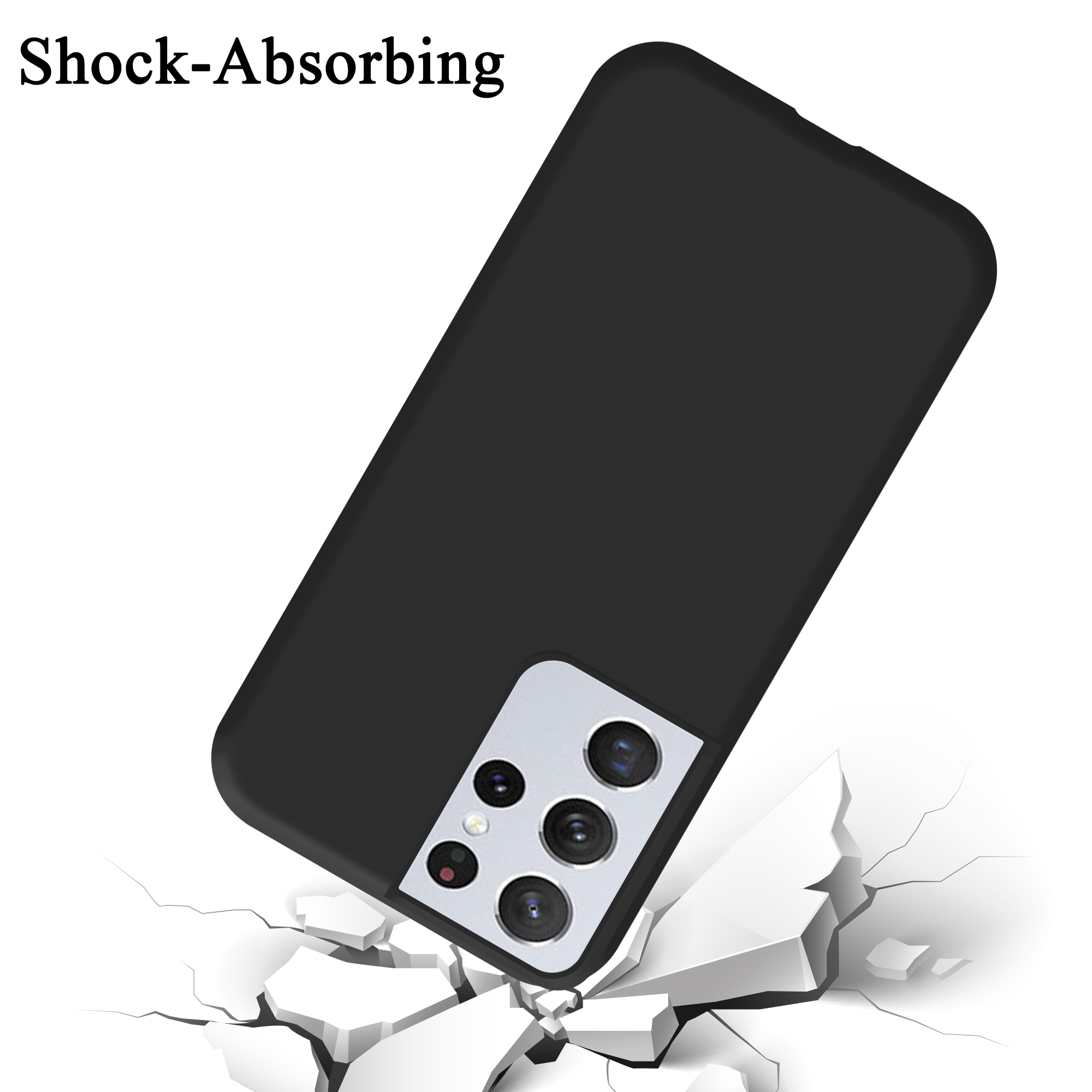Schwarze Handyhülle. Das Telefon fällt, mit Text "Stoßdämpfend".