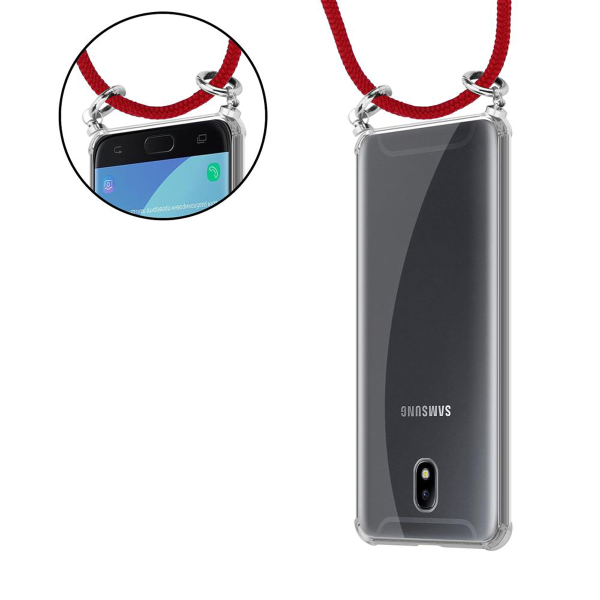 Nahaufnahme eines Telefons mit roter Seilkette. Transparente Handyhülle. Der Bildschirm ist schwarz.