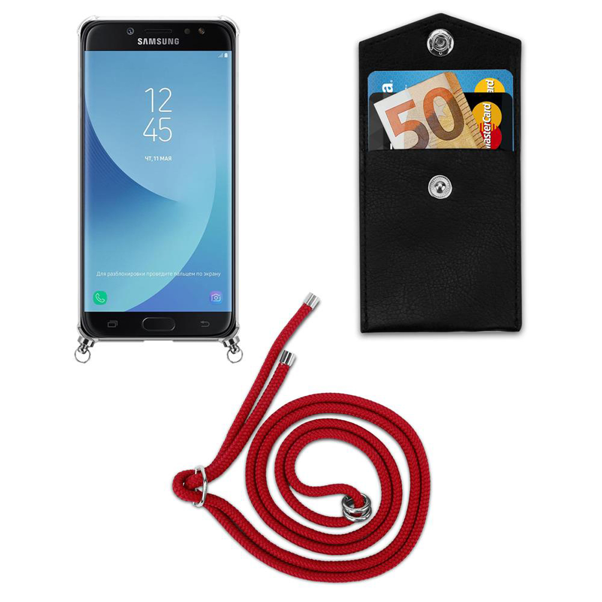 Samsung-Handy mit Lanyard und Kartenhalter. Karten sind im schwarzen Kartenhalter.