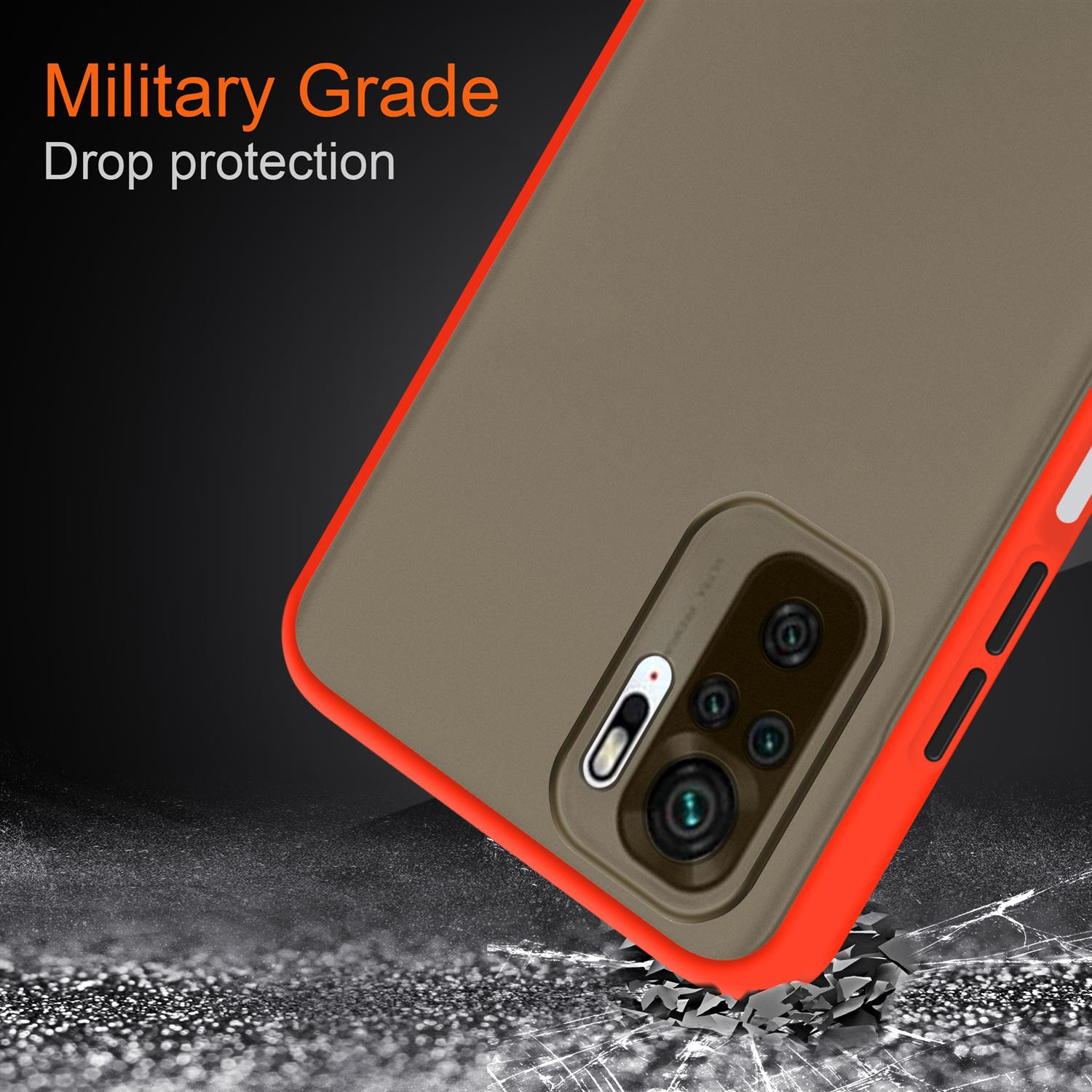 Una custodia per telefono con tonalità arancioni e marroni. Il testo recita, Military Grade. Drop protection. La custodia è angolata.