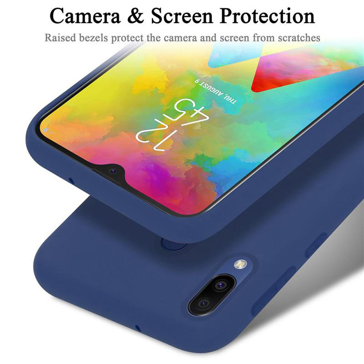 Custodia per telefono blu scuro con un telefono all'interno. Lo schermo mostra un'immagine astratta colorata. Testo sulla protezione.