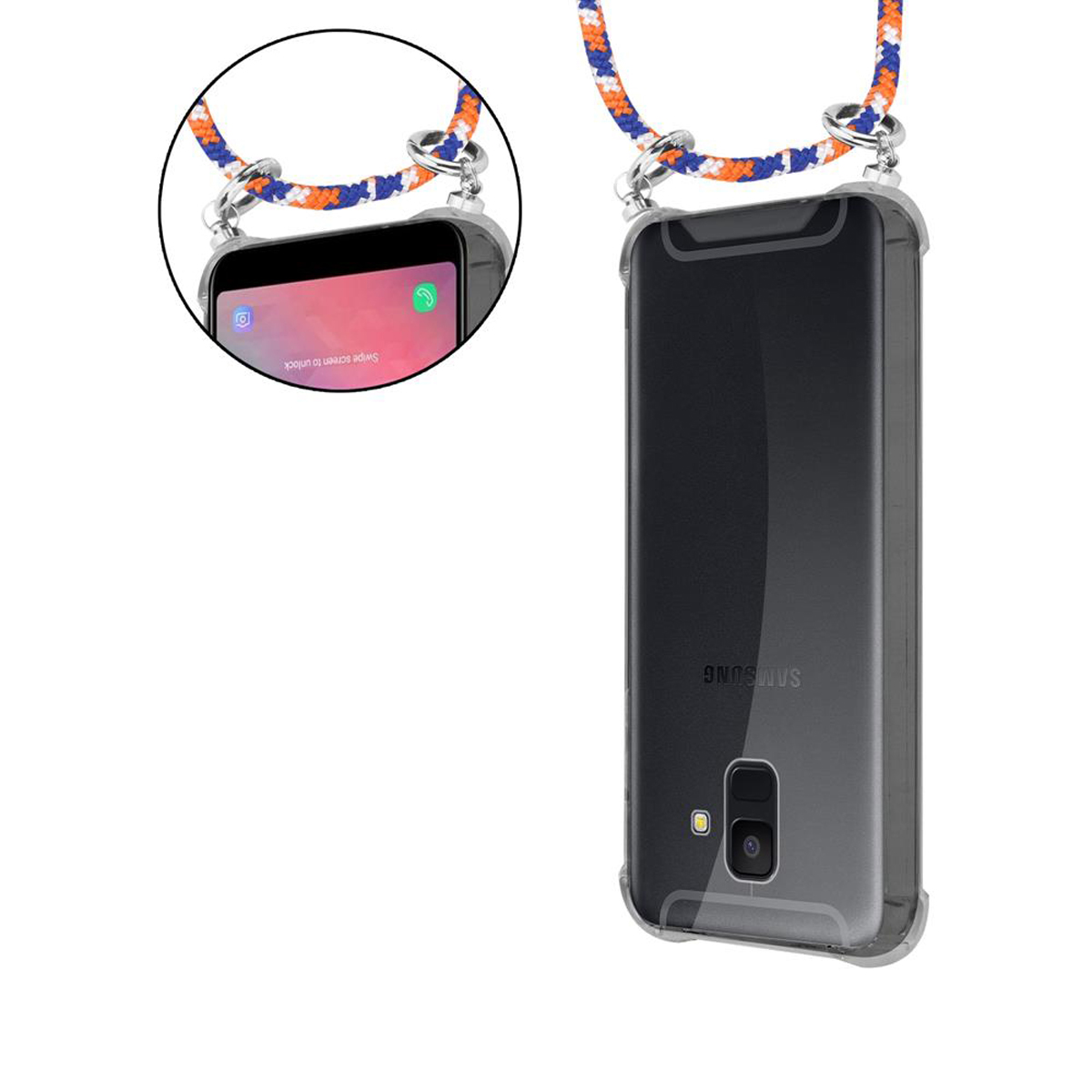 Telefon in klarer Hülle mit Lanyard. Das Telefon ist abgewinkelt. Nahaufnahme des Telefons.