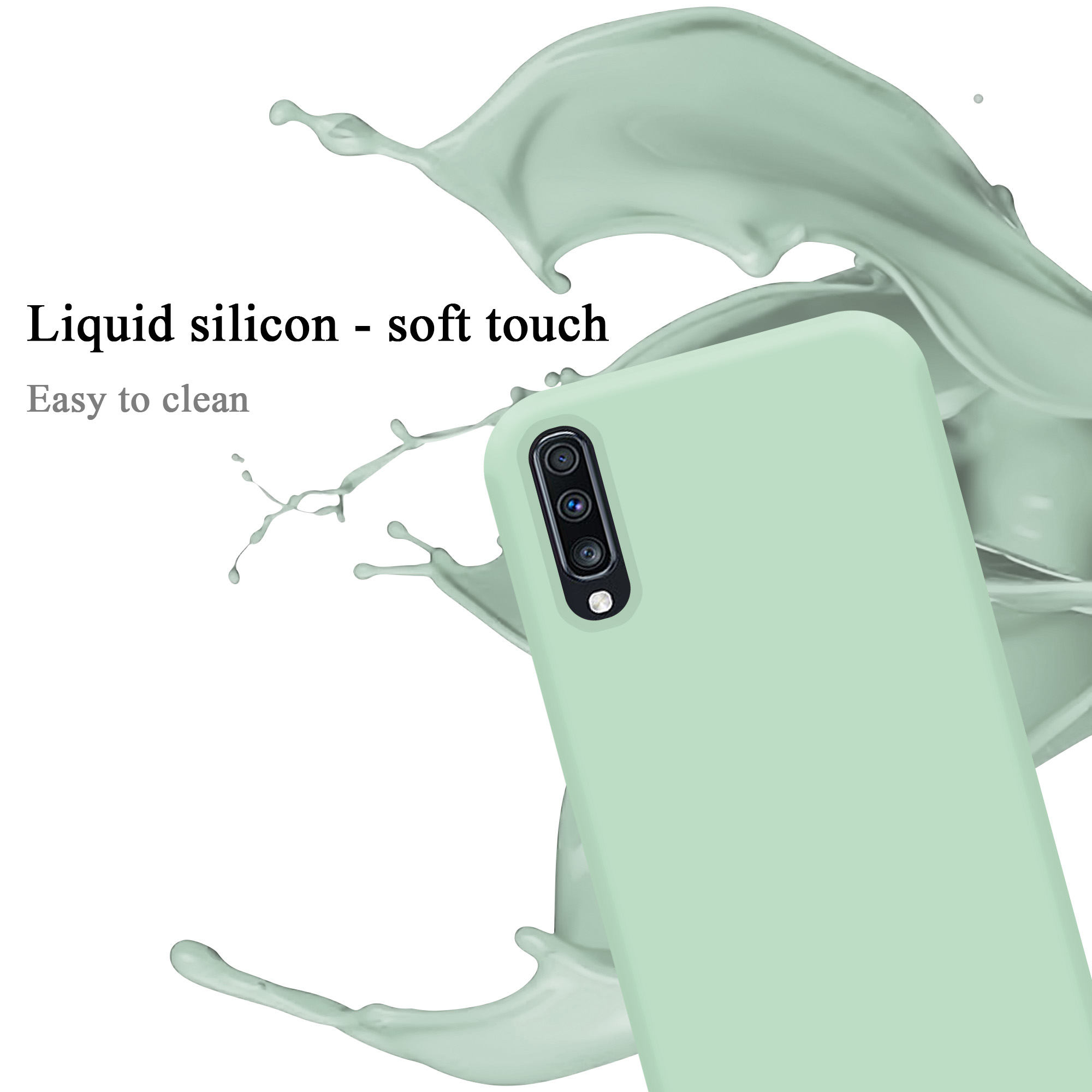 Eine hellgrüne Handyhülle mit einem Spritzer grüner Flüssigkeit. Text: Flüssigsilikon - Soft-Touch. Leicht zu reinigen.