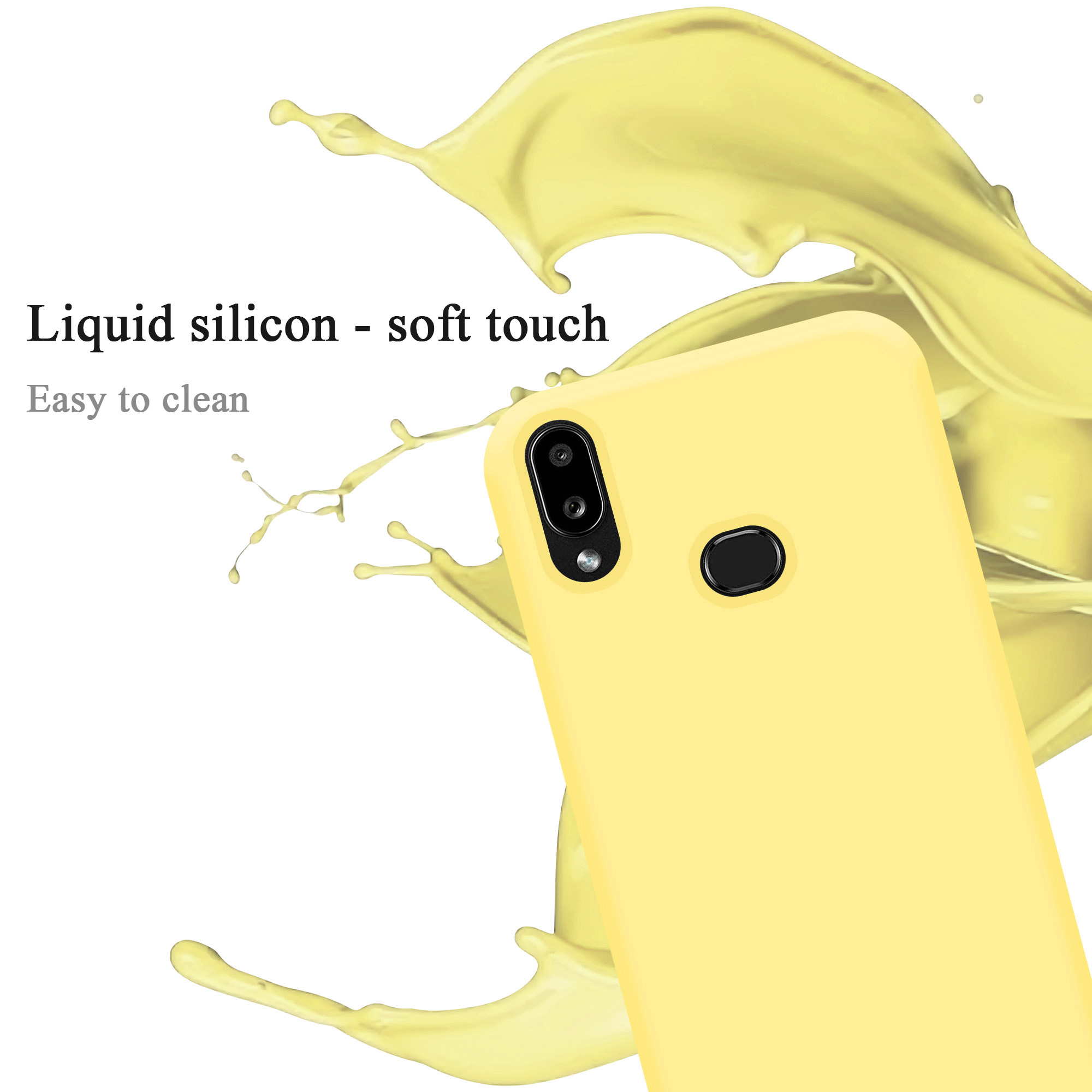 Eine gelbe Handyhülle mit Telefon. Gelbe Spritzer im Hintergrund. Text 'Liquid silicon'.