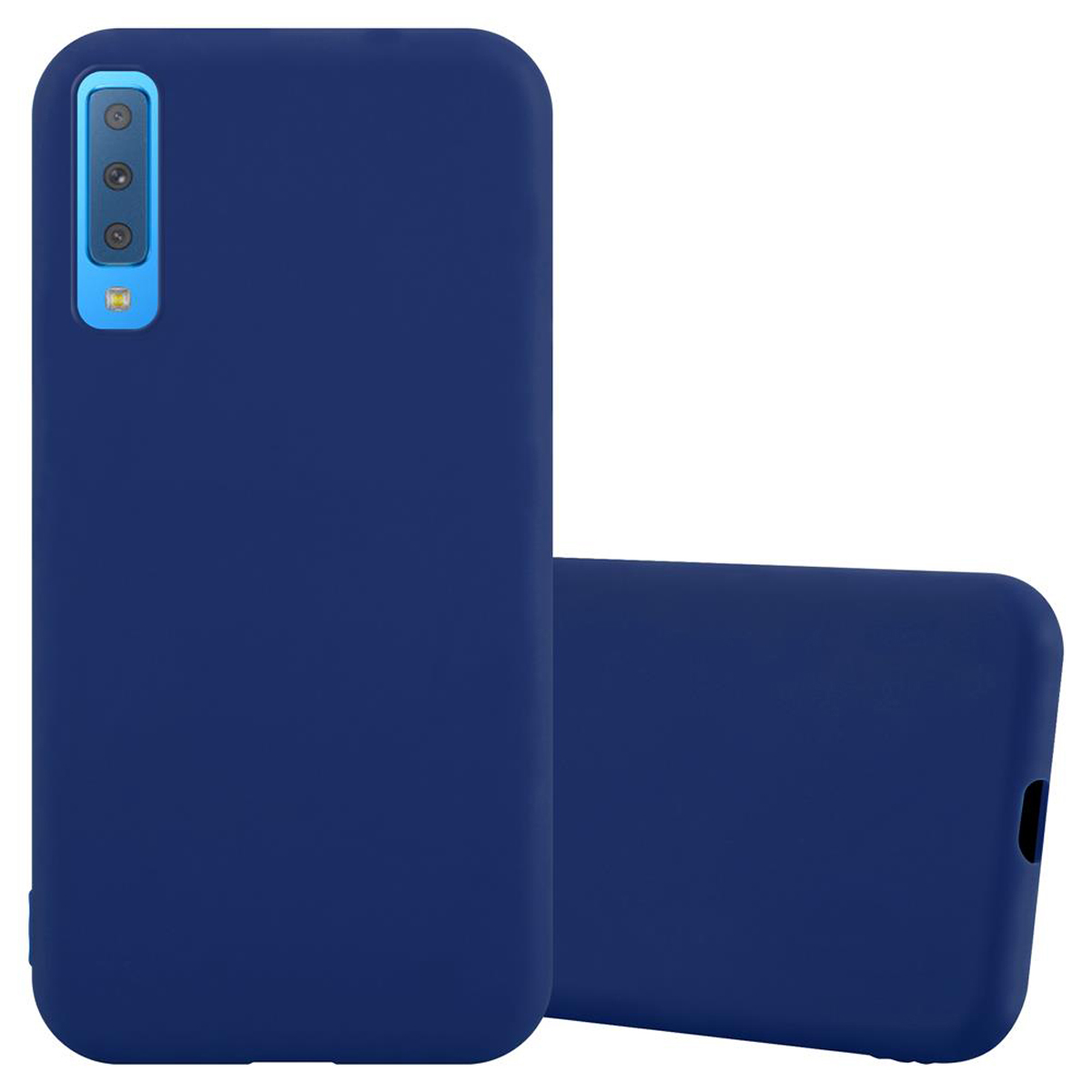 Due custodie blu navy per telefono. Una è in posizione verticale, l'altra è di lato.