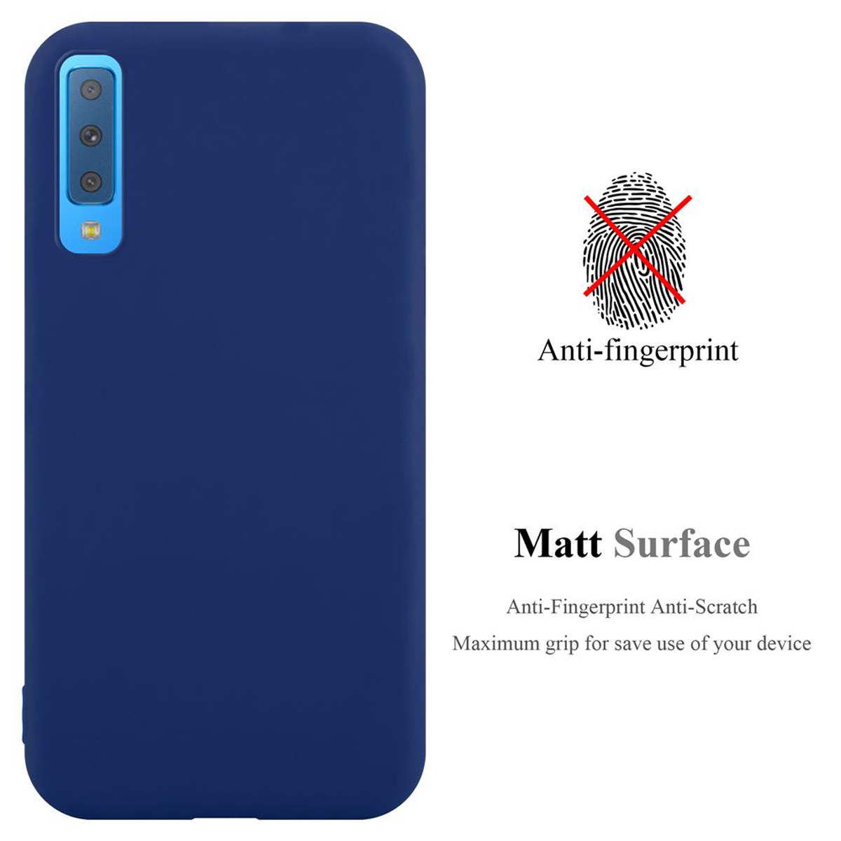 Una custodia blu per telefono con superficie anti-impronta, con il testo 'Matt Surface'.