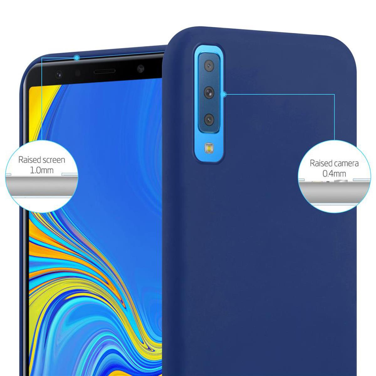Una custodia per telefono blu navy. C'è uno schermo rialzato e una fotocamera rialzata. Il telefono è nella custodia.