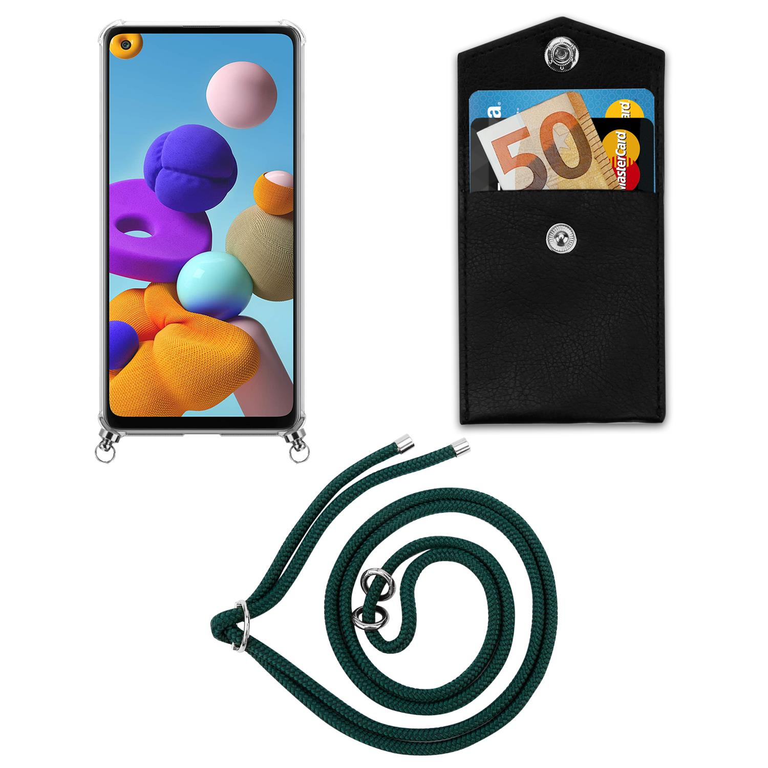 Un telefono in una custodia con un cordino. È presente anche un portafoglio nero.