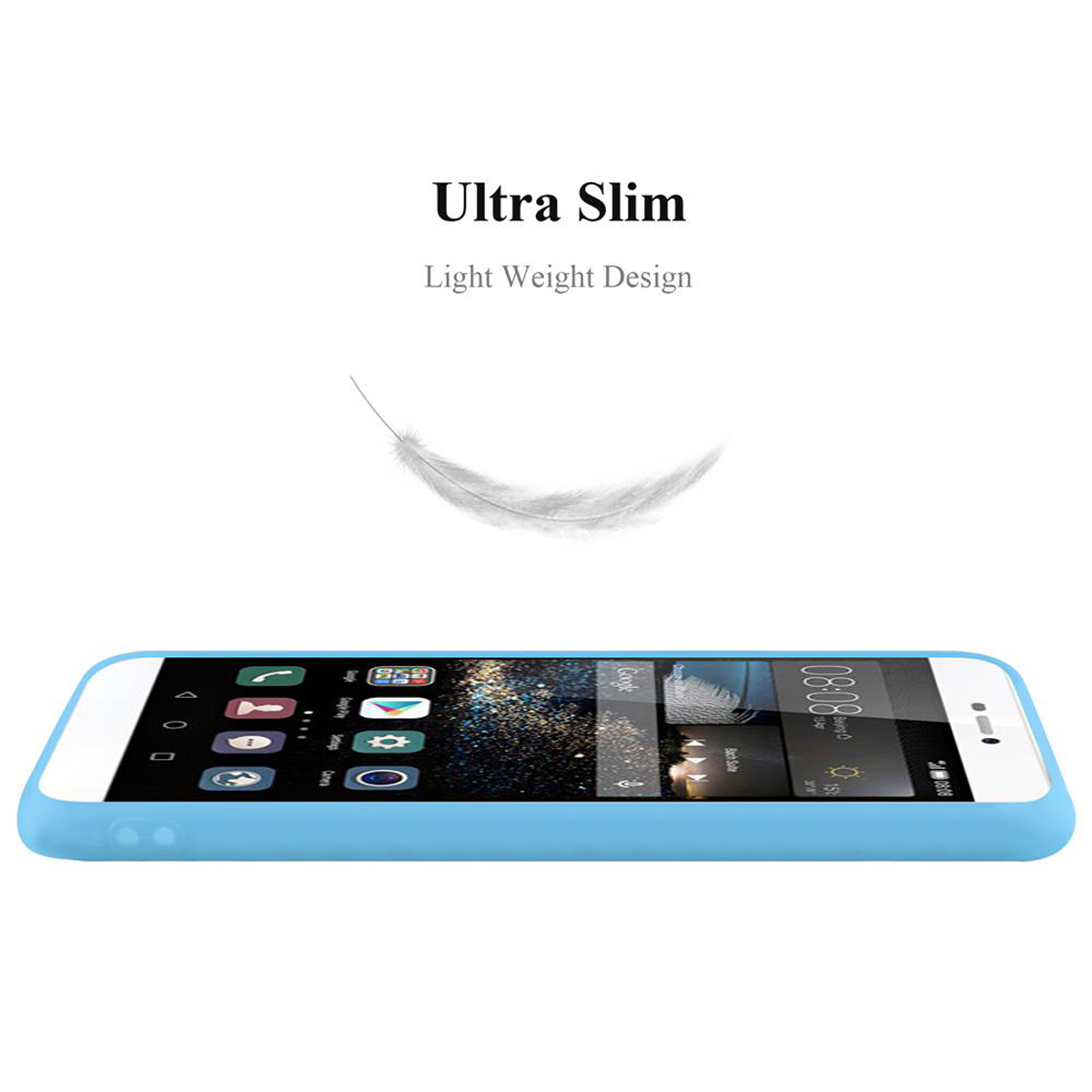 Un telefono azzurro con una piuma che fluttua sopra. Il testo recita Ultra Slim e Light Weight Design.