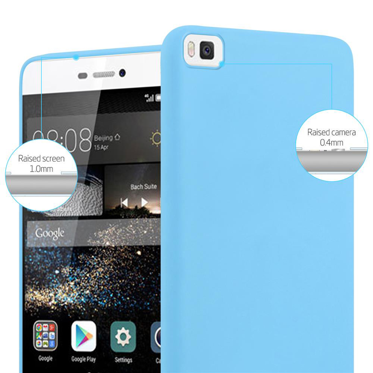 Custodia blu per telefono accanto a un telefono. I dettagli dello schermo e della fotocamera rialzati sono mostrati in cerchi.