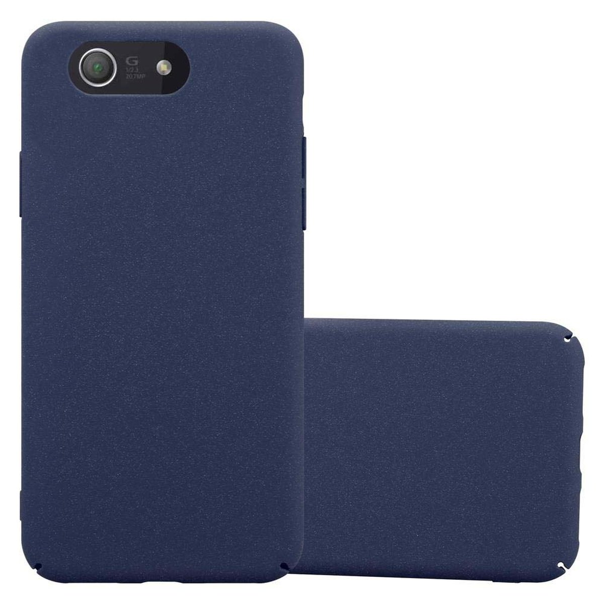 Dunkelblaue Handyhülle mit einem Telefon. Das Telefon zeigt seinen Bildschirm. Weißer Hintergrund.