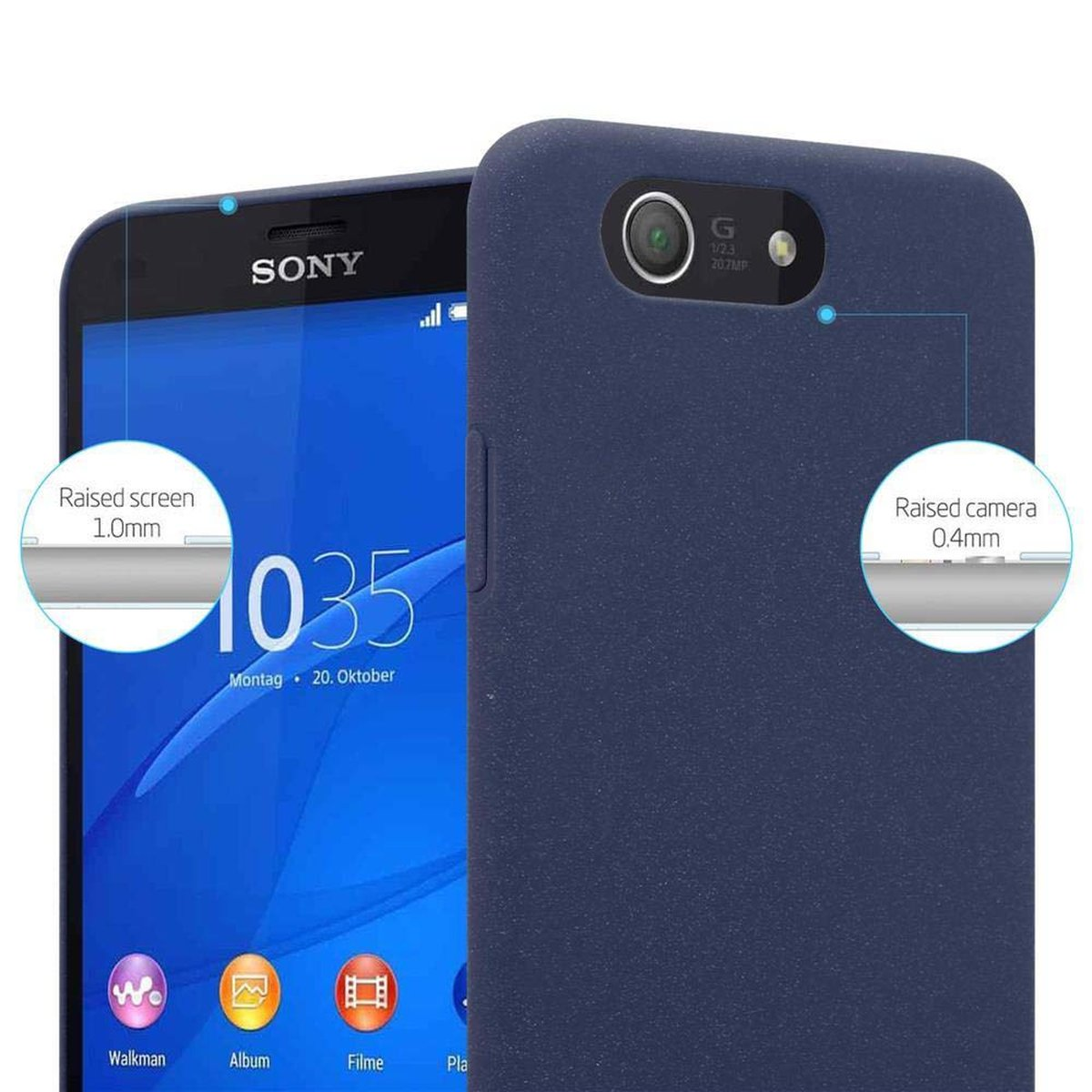 Blaues Telefon mit dunkelblauer Hülle. Text hebt erhöhten Bildschirm und Kamera hervor.