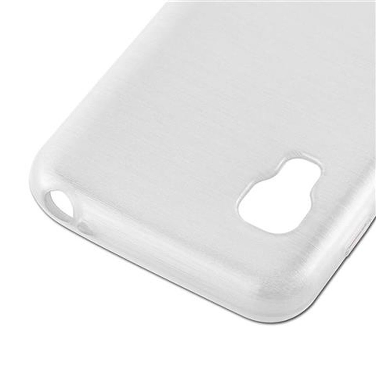 Primer plano de una funda blanca para teléfono con orificios para cámara y puertos.