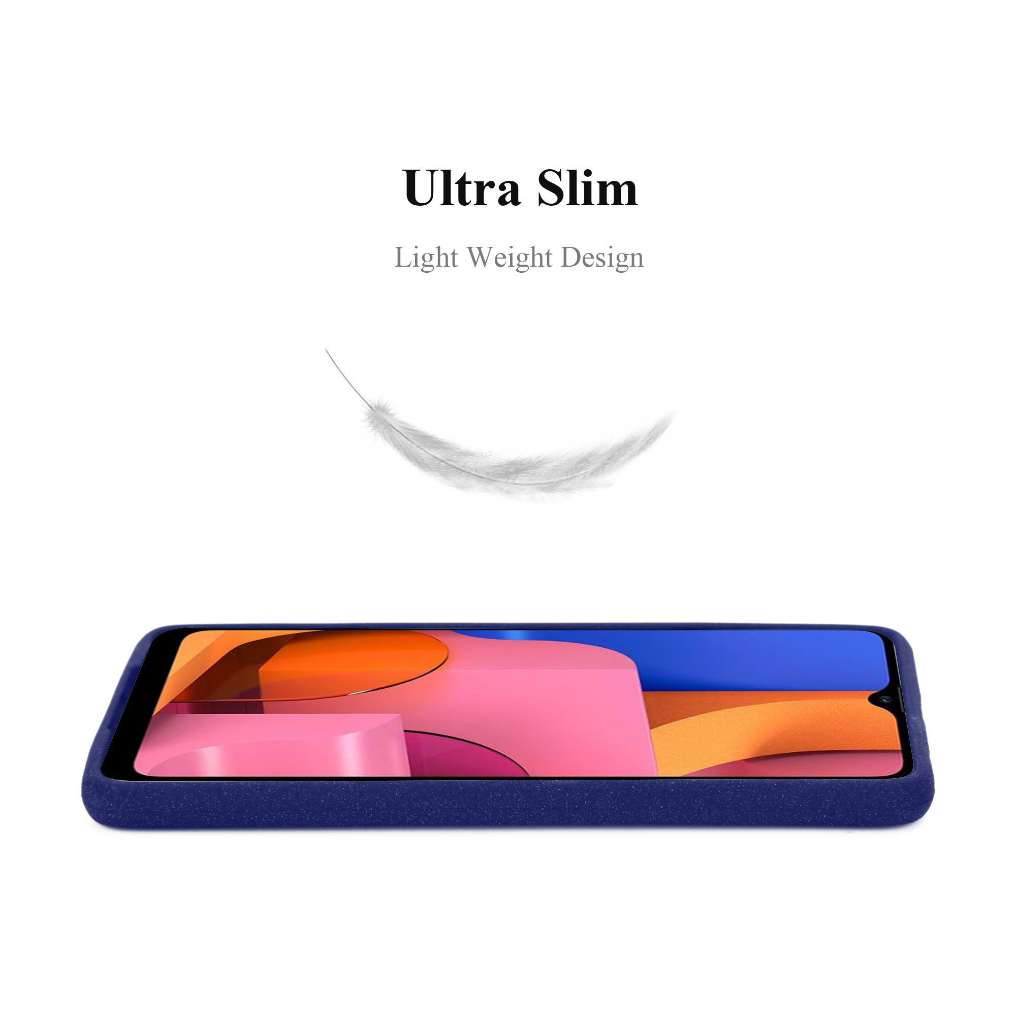 Telefono in una custodia blu. Il testo dice 'Ultra Slim'. Sfondo bianco.