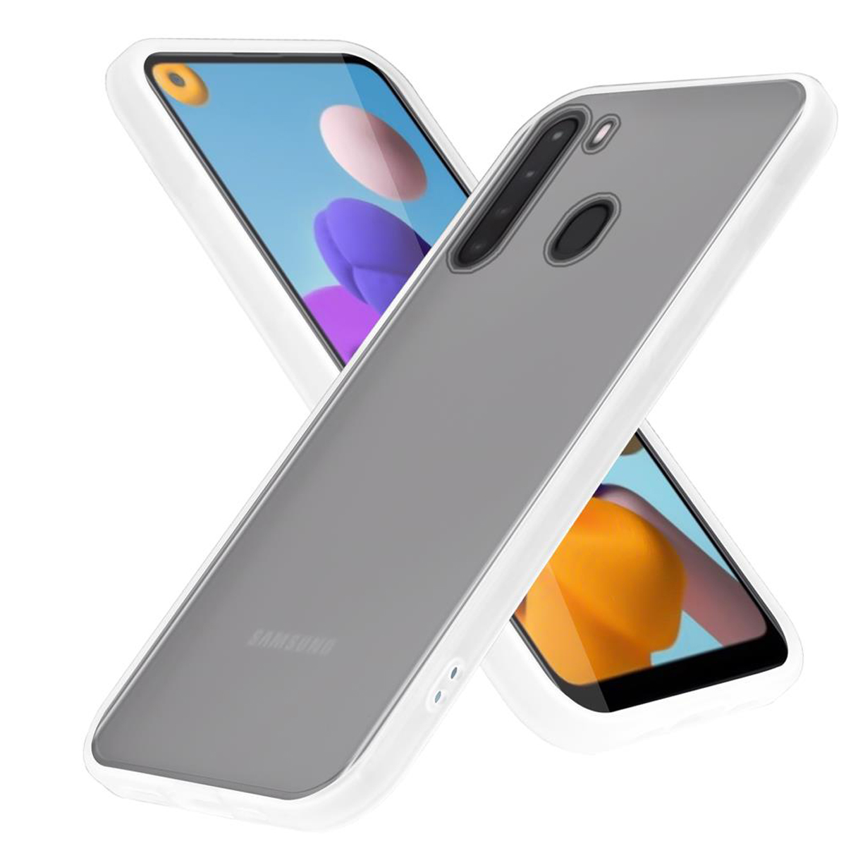 Deux étuis de téléphone superposés, avec un étui transparent sur un téléphone avec un écran orange et violet.