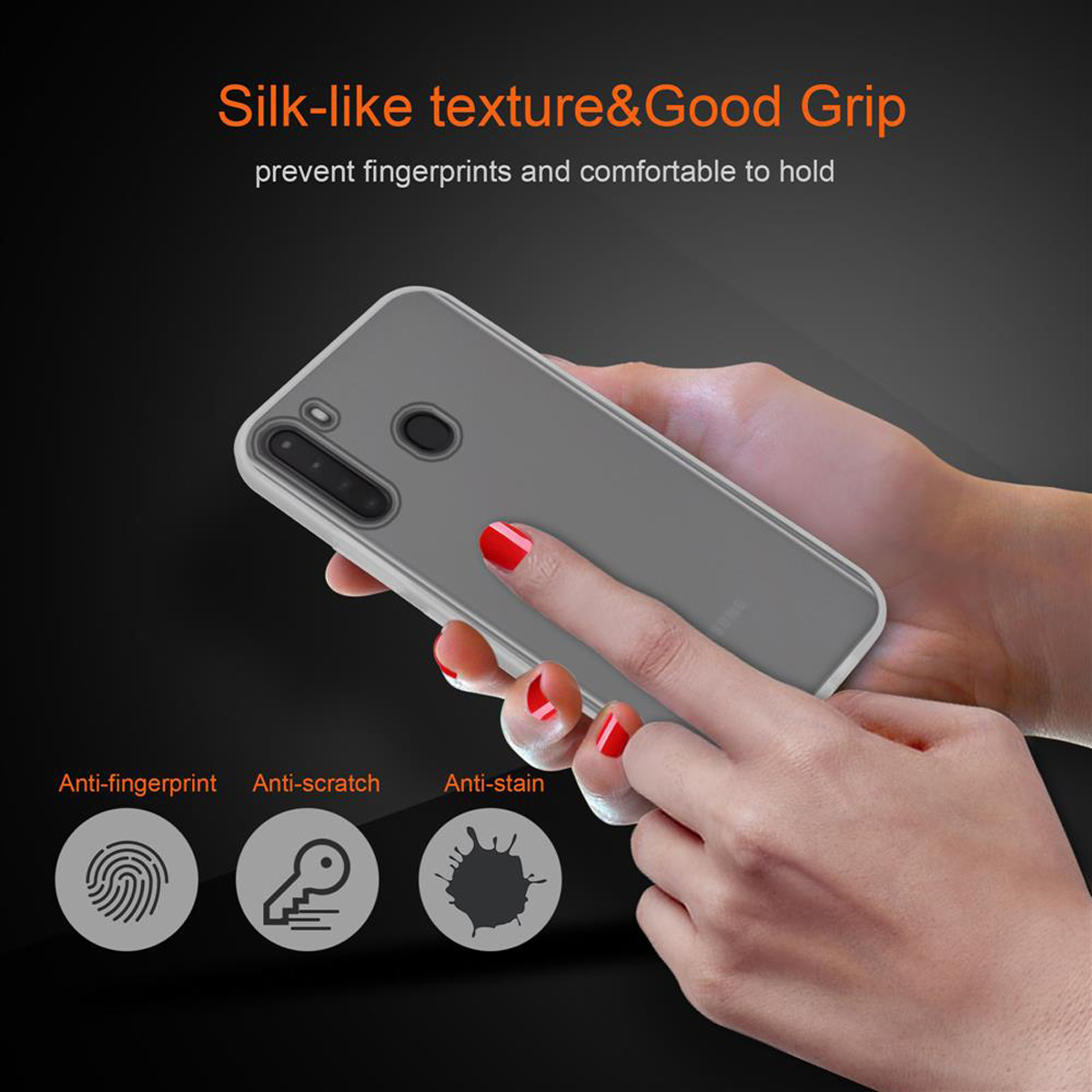 Hände halten ein Telefon mit einer grauen Hülle. Text: 'Silk-like texture&Good Grip'. Fingerabdruck-Icons.
