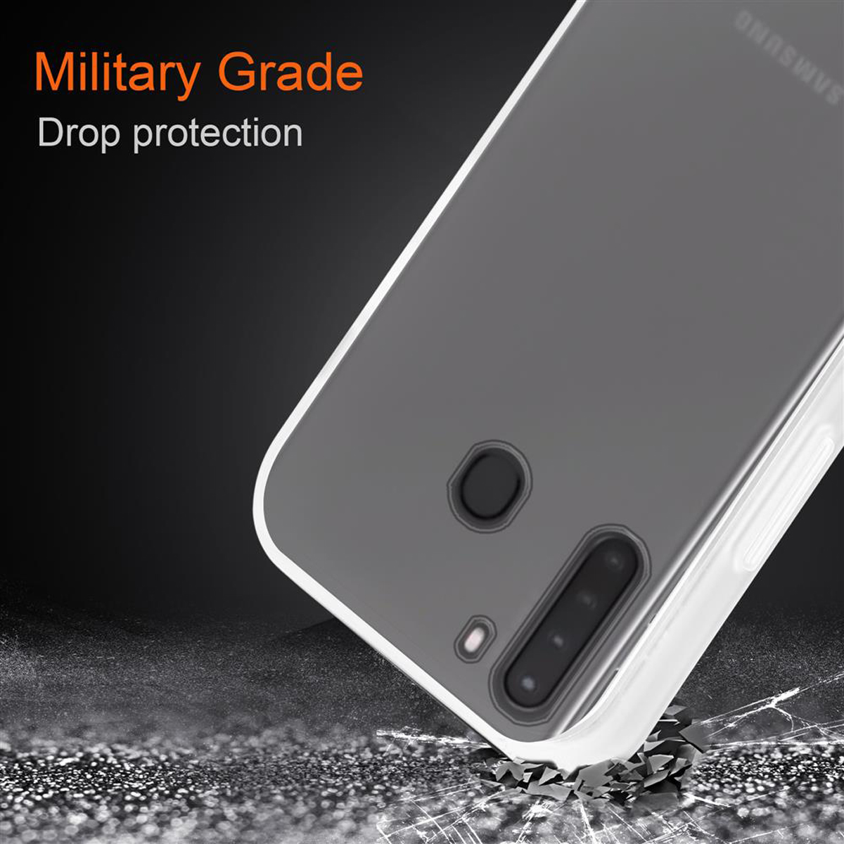 Téléphone dans un étui transparent, en angle, sur un sol fissuré. Texte : Protection contre les chutes de qualité militaire.