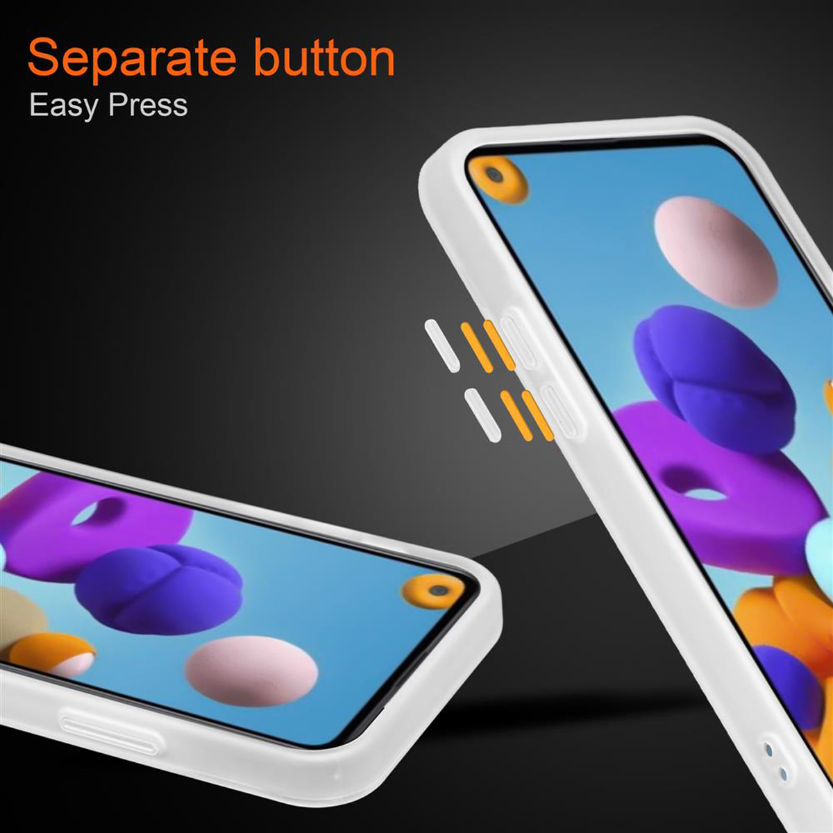 Deux téléphones dans des étuis blancs avec des boutons. L'un a un motif flou, l'autre une image détaillée.