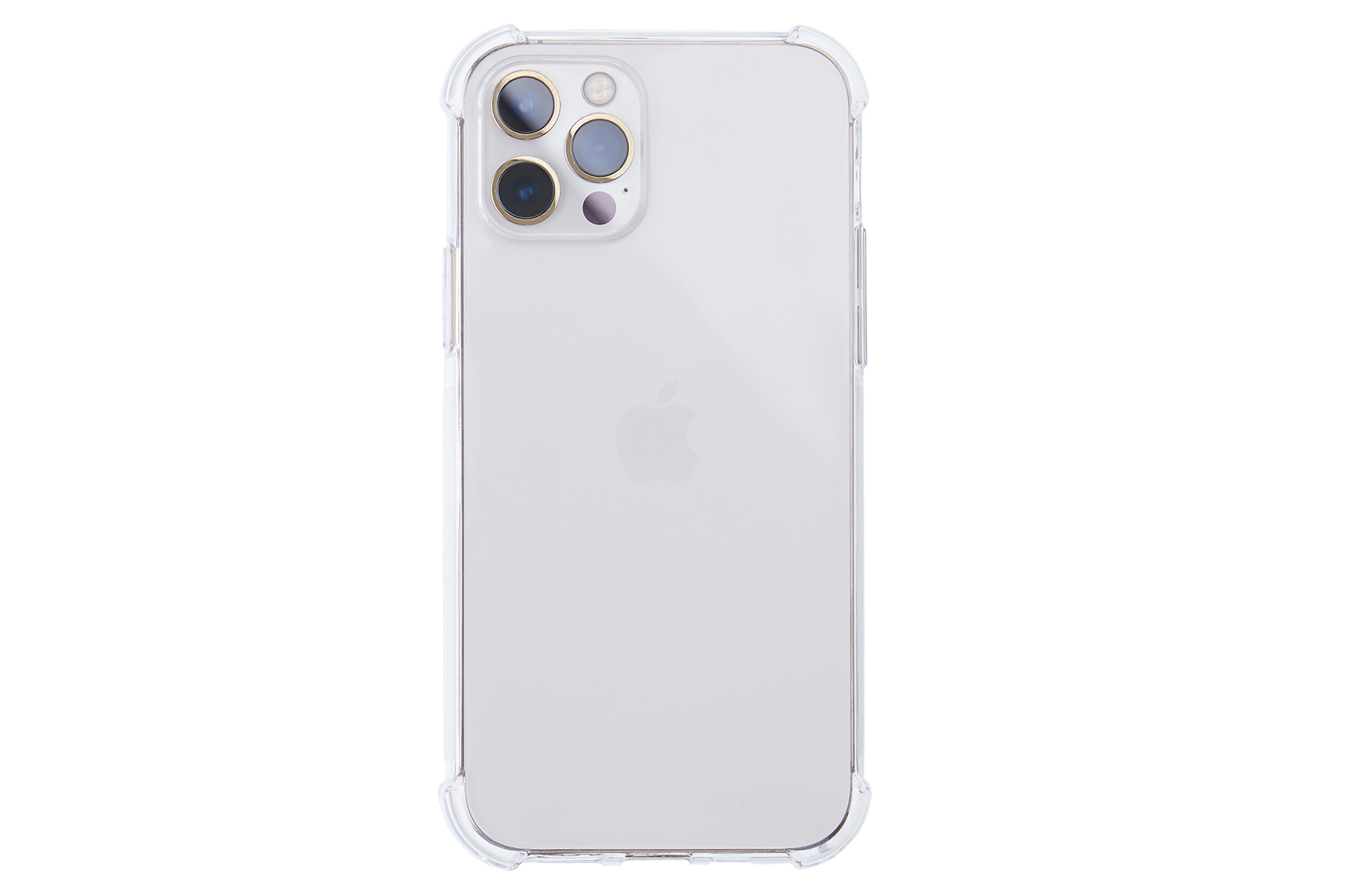 Transparente Handyhülle, die die Rückseite eines Telefons mit dem Apple-Logo und den Kameralinsen zeigt.