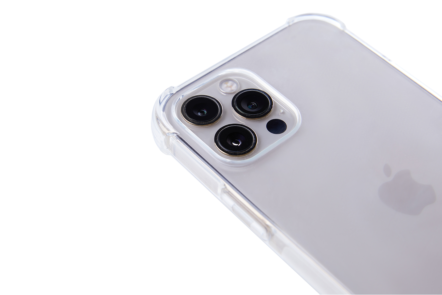 Nahaufnahme der Rückseite eines Telefons. Die Kameralinsen befinden sich in der oberen linken Ecke. Eine transparente Hülle ist auf dem Telefon.