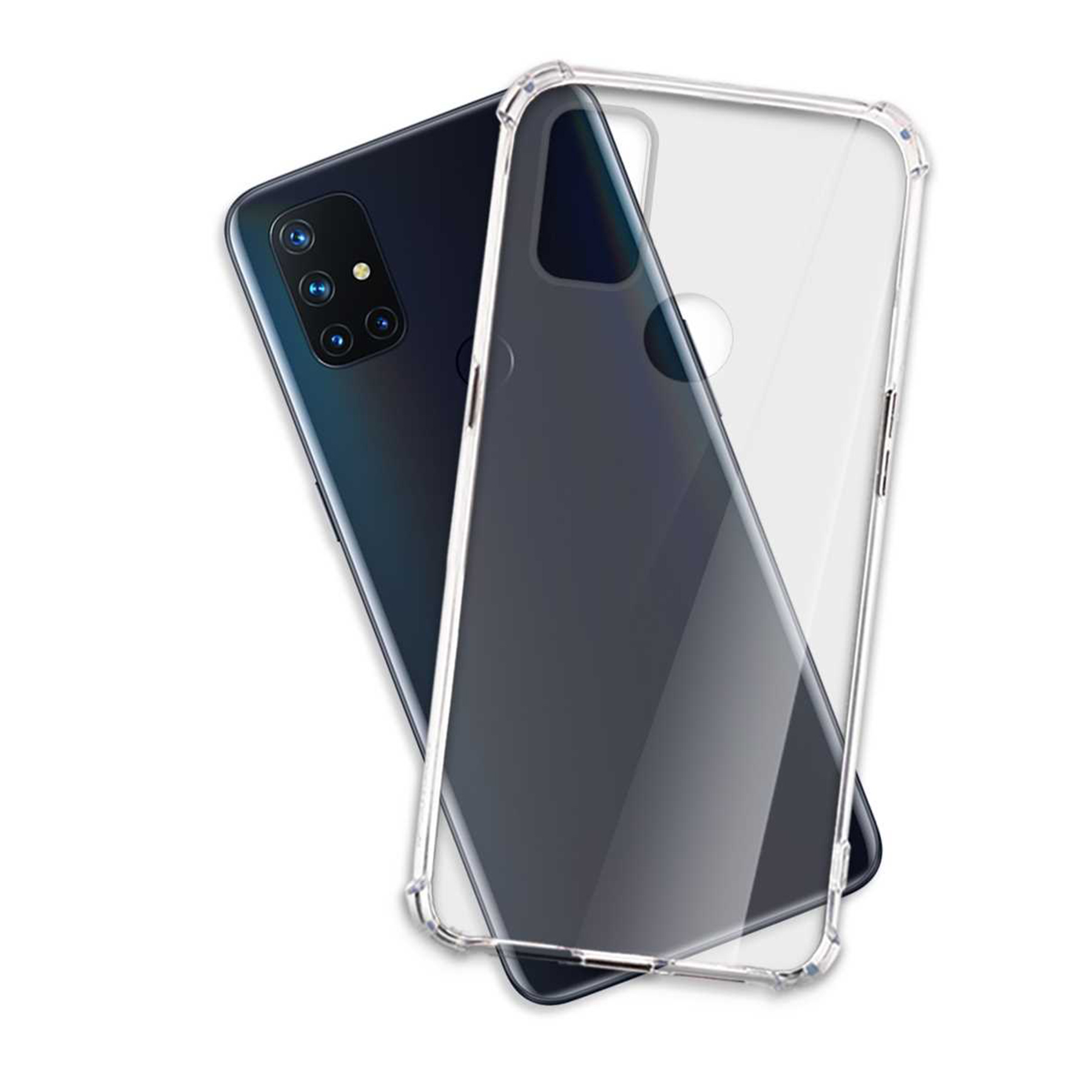 Transparente Handyhülle über einem schwarzen Telefon. Das Telefon hat mehrere Kameras.