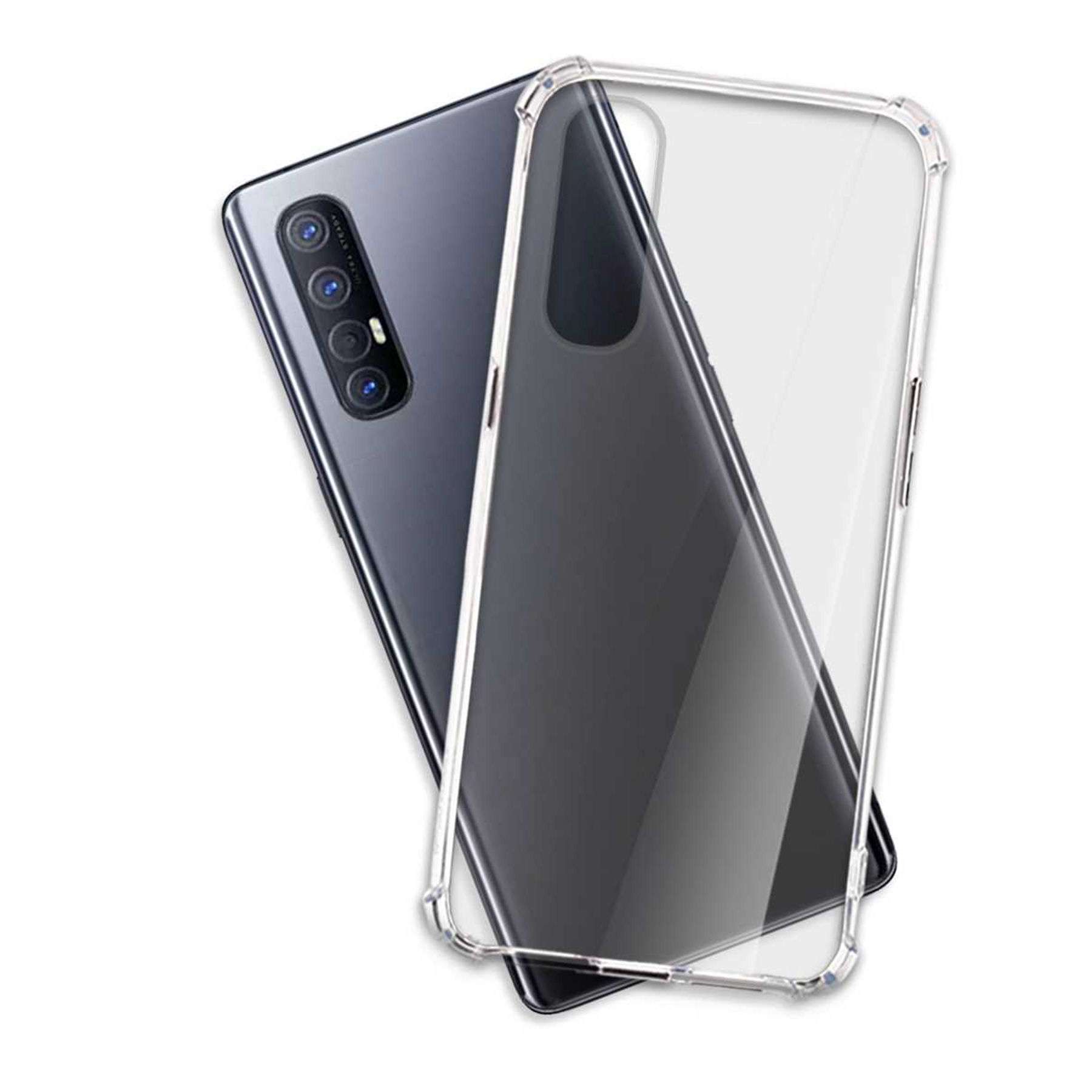 Ein dunkelgraues Telefon mit einer durchsichtigen Schutzhülle. Das Telefon hat drei Kameras. Der Hintergrund ist weiß.