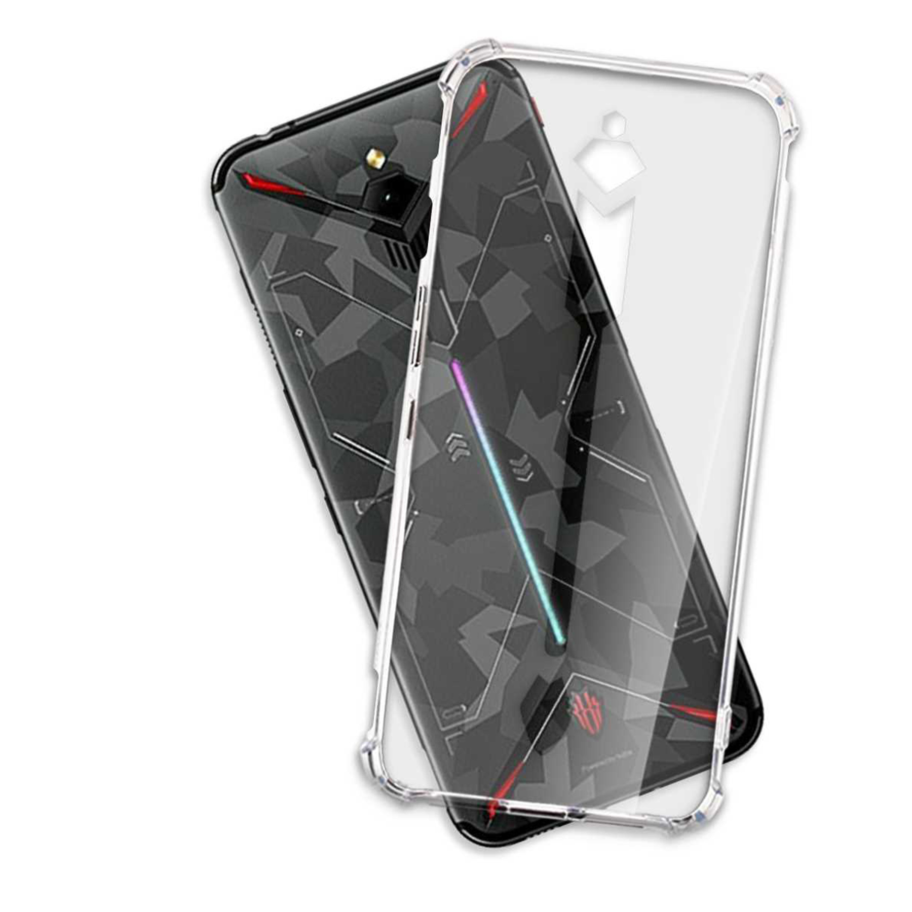 Transparente Handyhülle mit einem schwarzen Telefon im Inneren. Obere Hälfte des Telefons ist sichtbar.