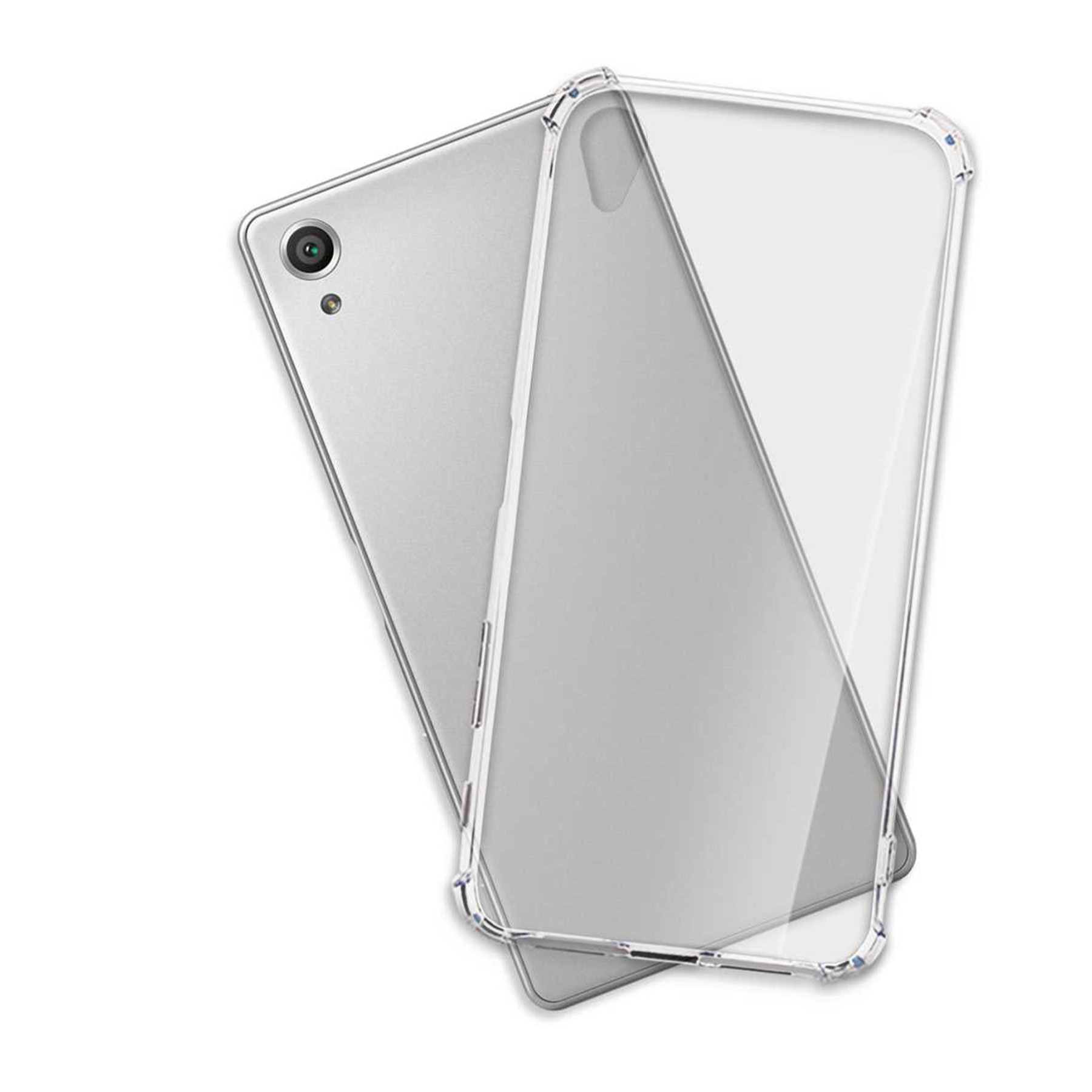 Transparente Handyhülle auf einem silbernen Telefon, mit einer weiteren Hülle.