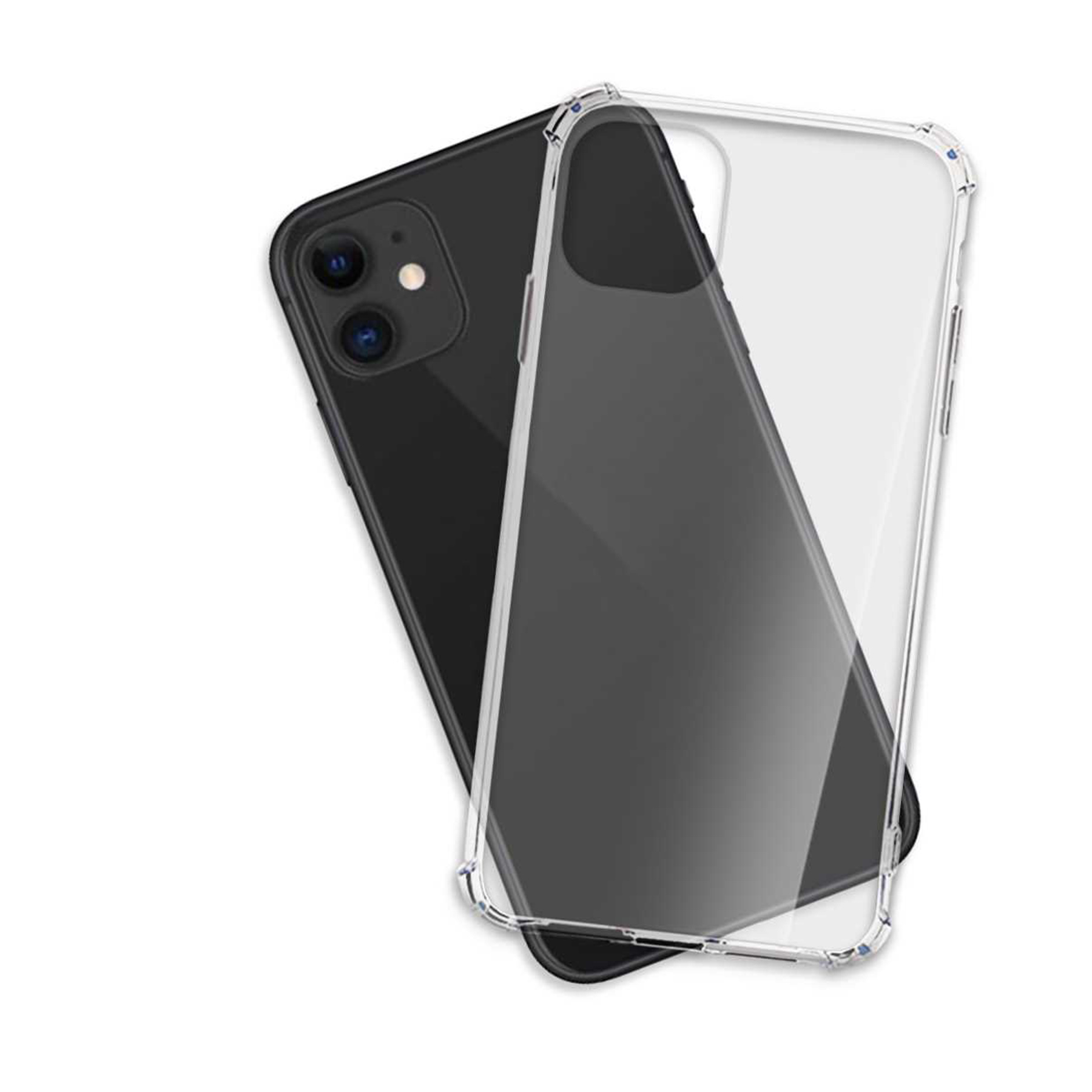 Schwarzes Telefon mit klarer Hülle. Das Telefon befindet sich links und die Hülle rechts.