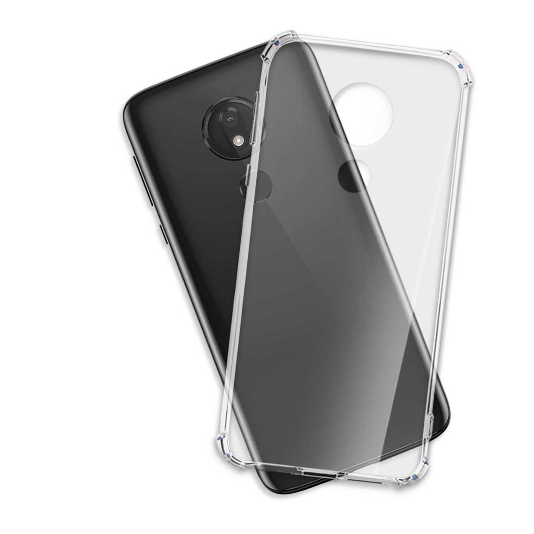 Schwarzes Telefon mit transparenter Hülle. Hülle überlagert Telefon. Weißer Hintergrund.