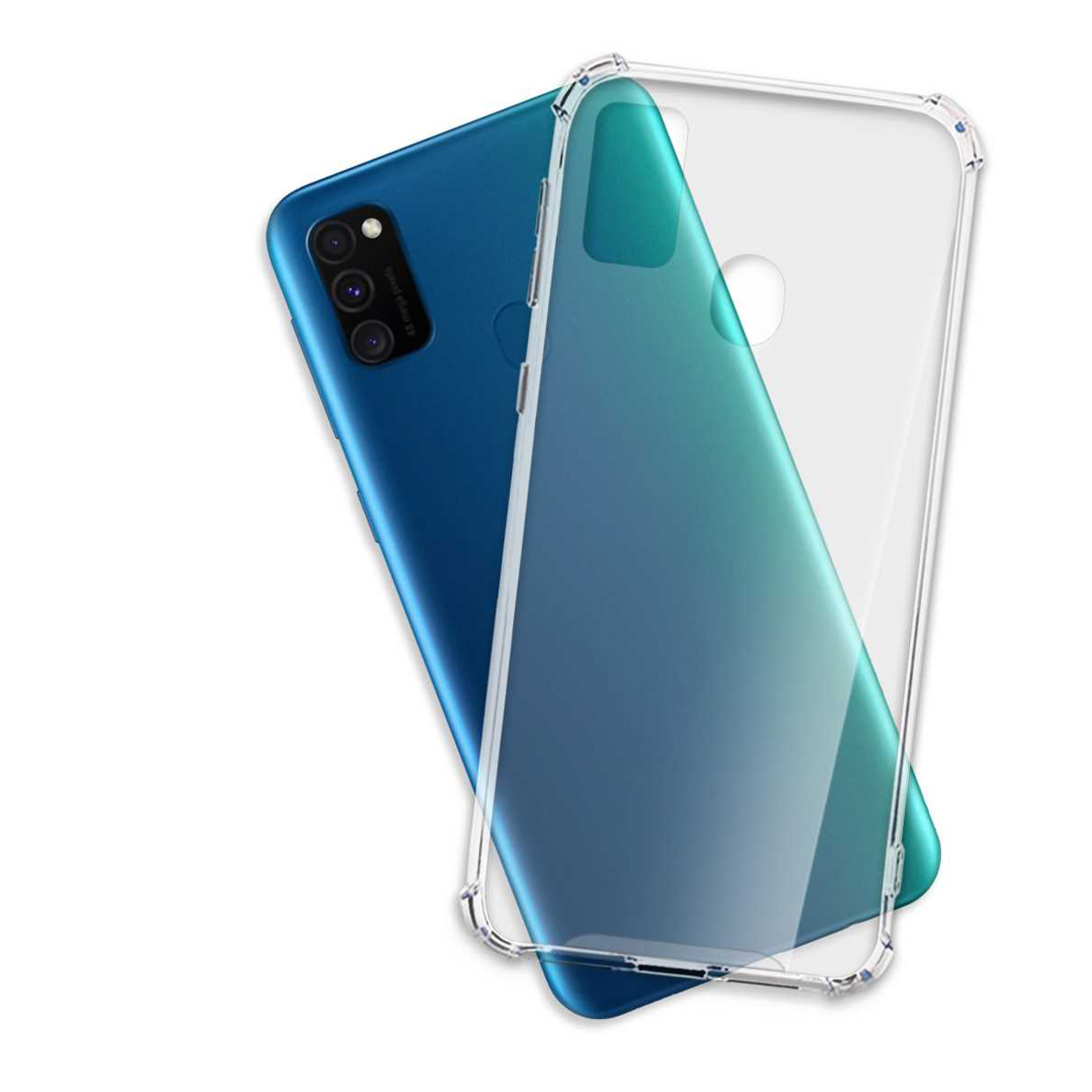 Blaues Telefon mit klarer Hülle. Das Telefon hat Kameras. Der Hintergrund ist weiß.