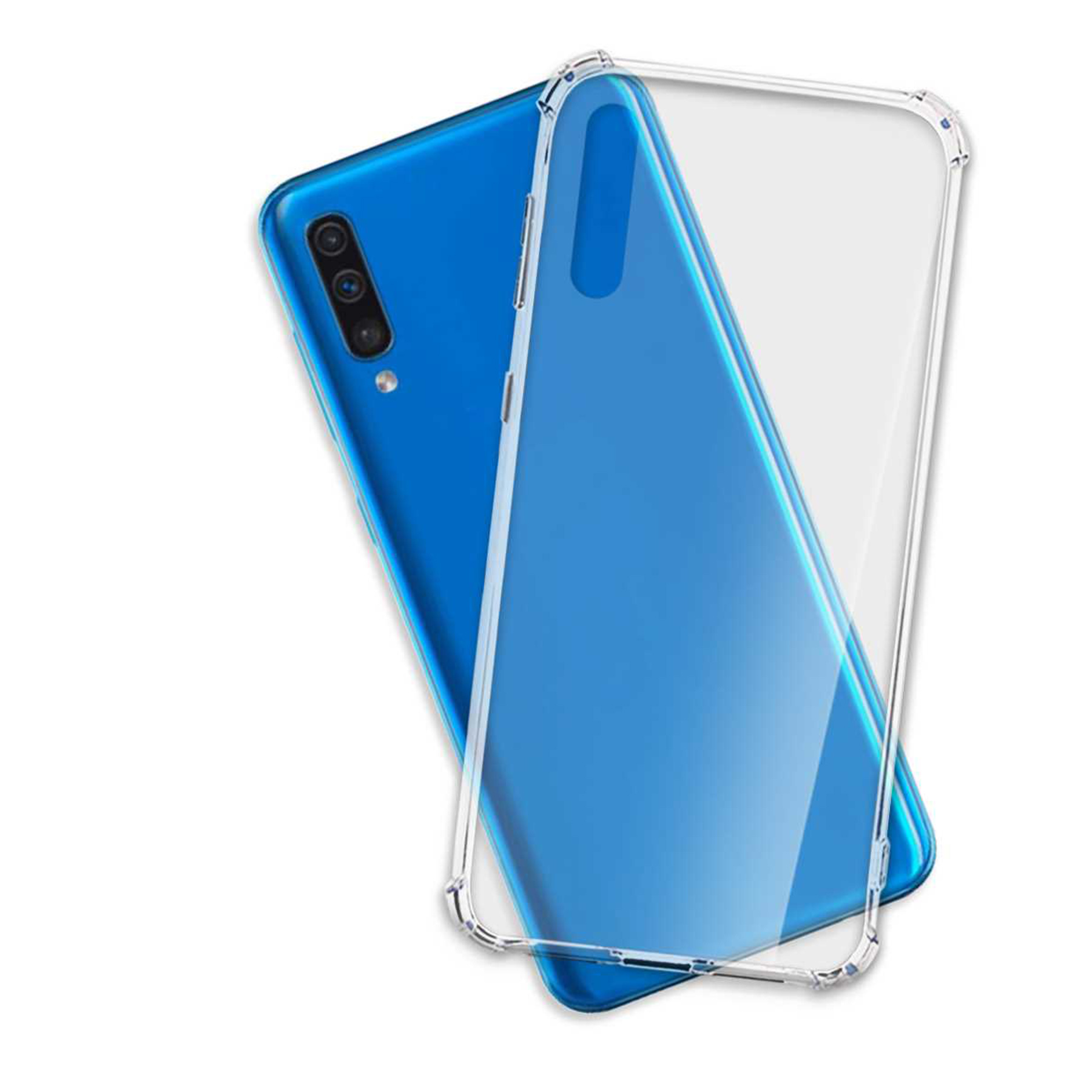 Blaues Telefon mit durchsichtiger Hülle. Die Hülle befindet sich über dem Telefon. Weißer Hintergrund.