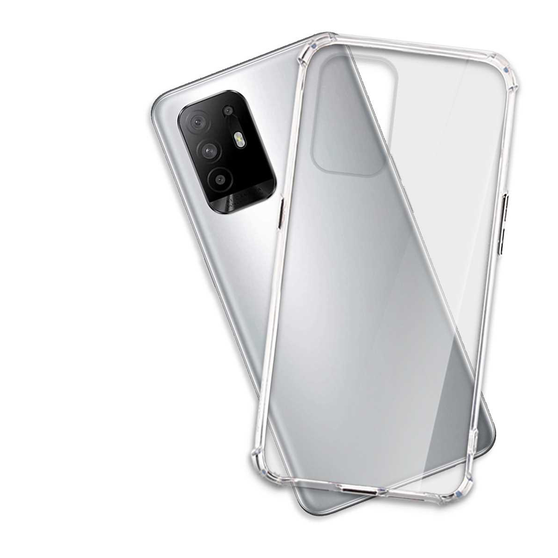 Eine durchsichtige Handyhülle mit einem schwarzen Telefon. Das Telefon liegt auf einer weißen Oberfläche.