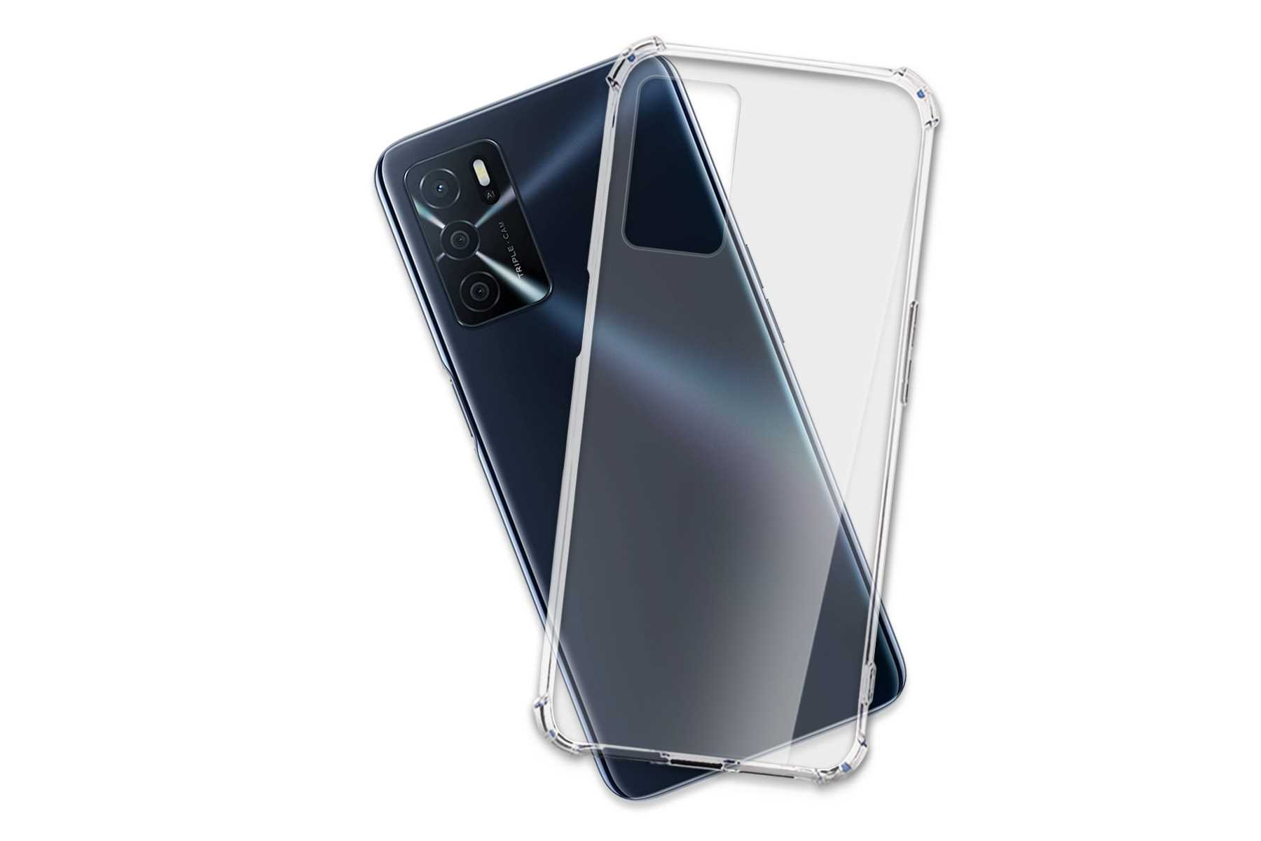 Transparente Handyhülle über einem dunklen Telefon. Die Hülle liegt auf dem Telefon.