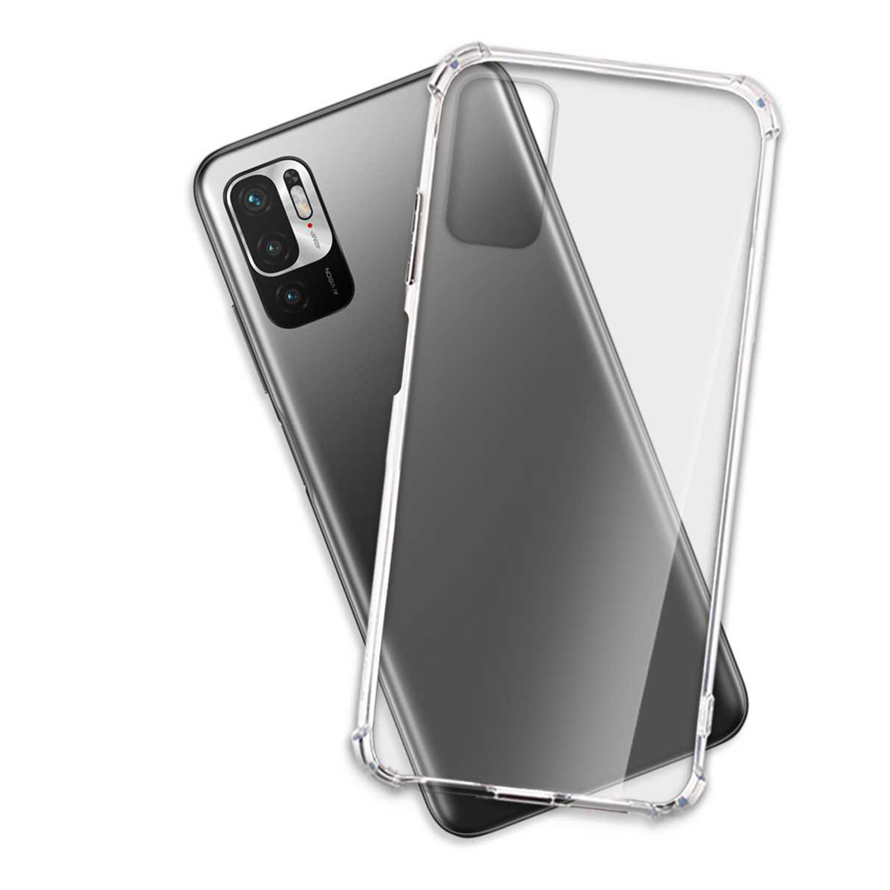 Graues Telefon mit durchsichtiger Hülle. Das Telefon ist links, die Hülle rechts.