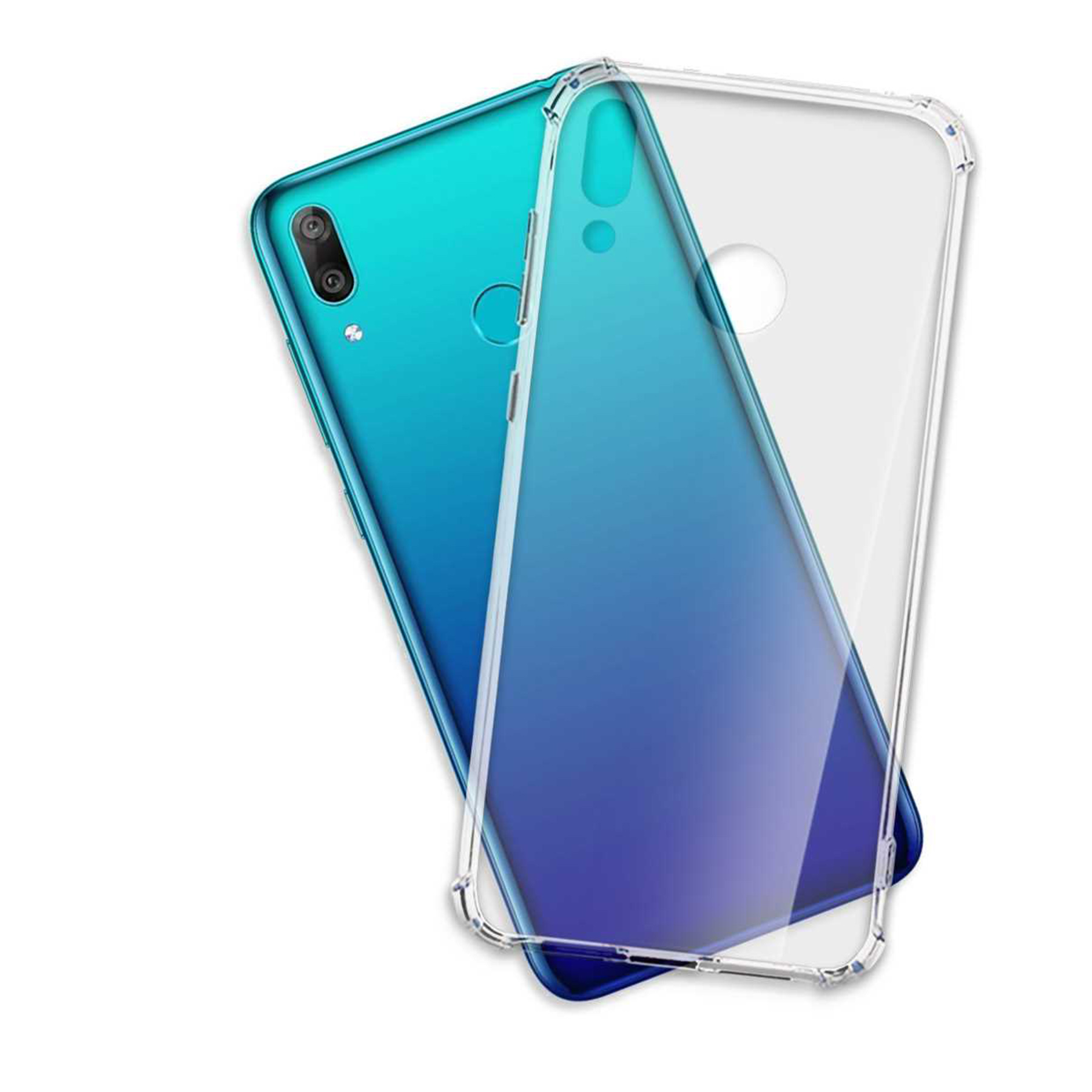 Ein Telefon mit blauem Farbverlauf auf der Rückseite in einer transparenten Hülle.